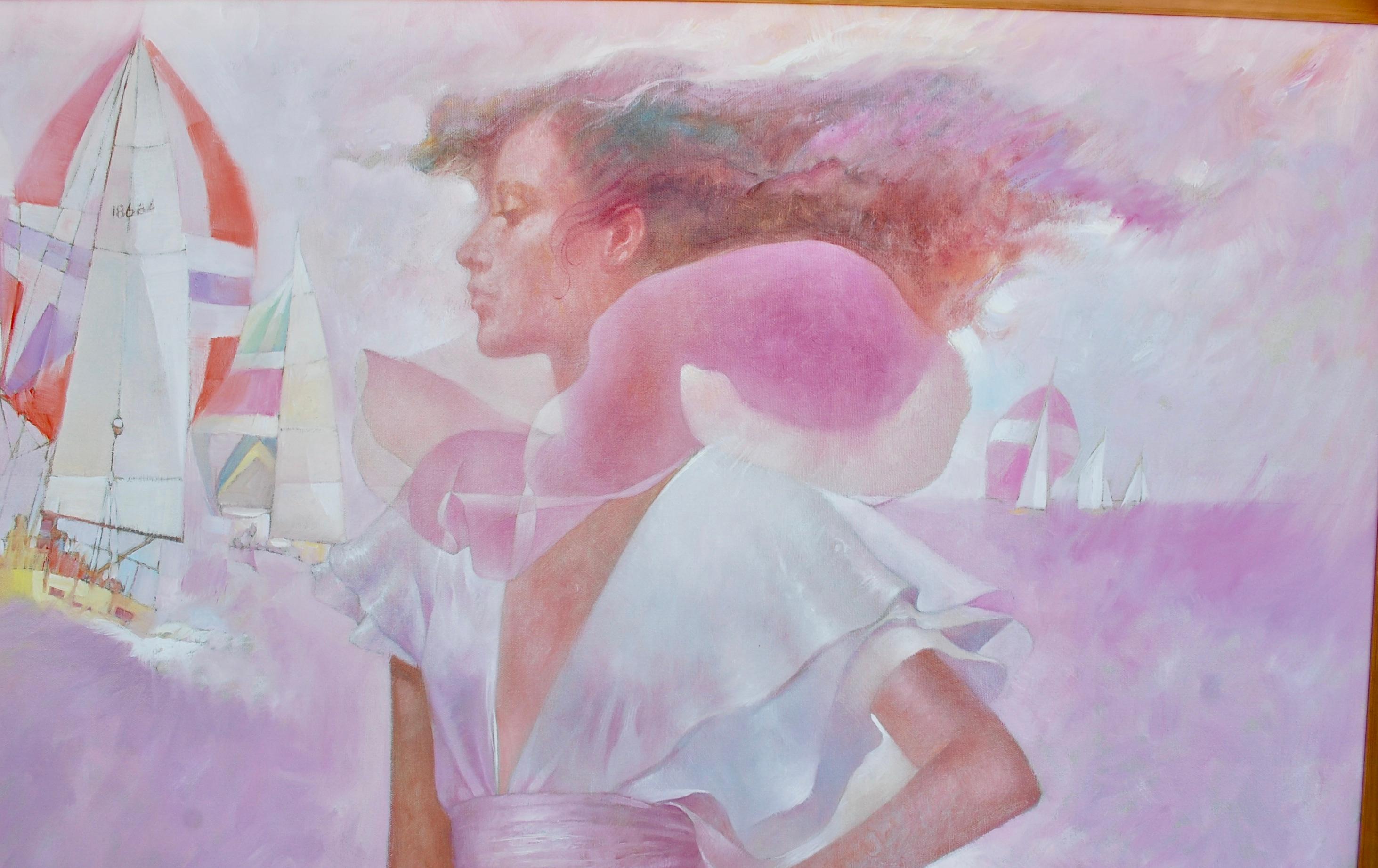 Marina large pink oil painting with woman and sail boats.
Artist signed, dated and titled, floater frame.
Ethereal oil on canvas figural painting, titled Playa Amarillo (Yellow Beach) work features a portrait of three female graces at the beach in