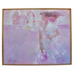 Marina, grande peinture à l'huile rose représentant une femme et des voiliers
