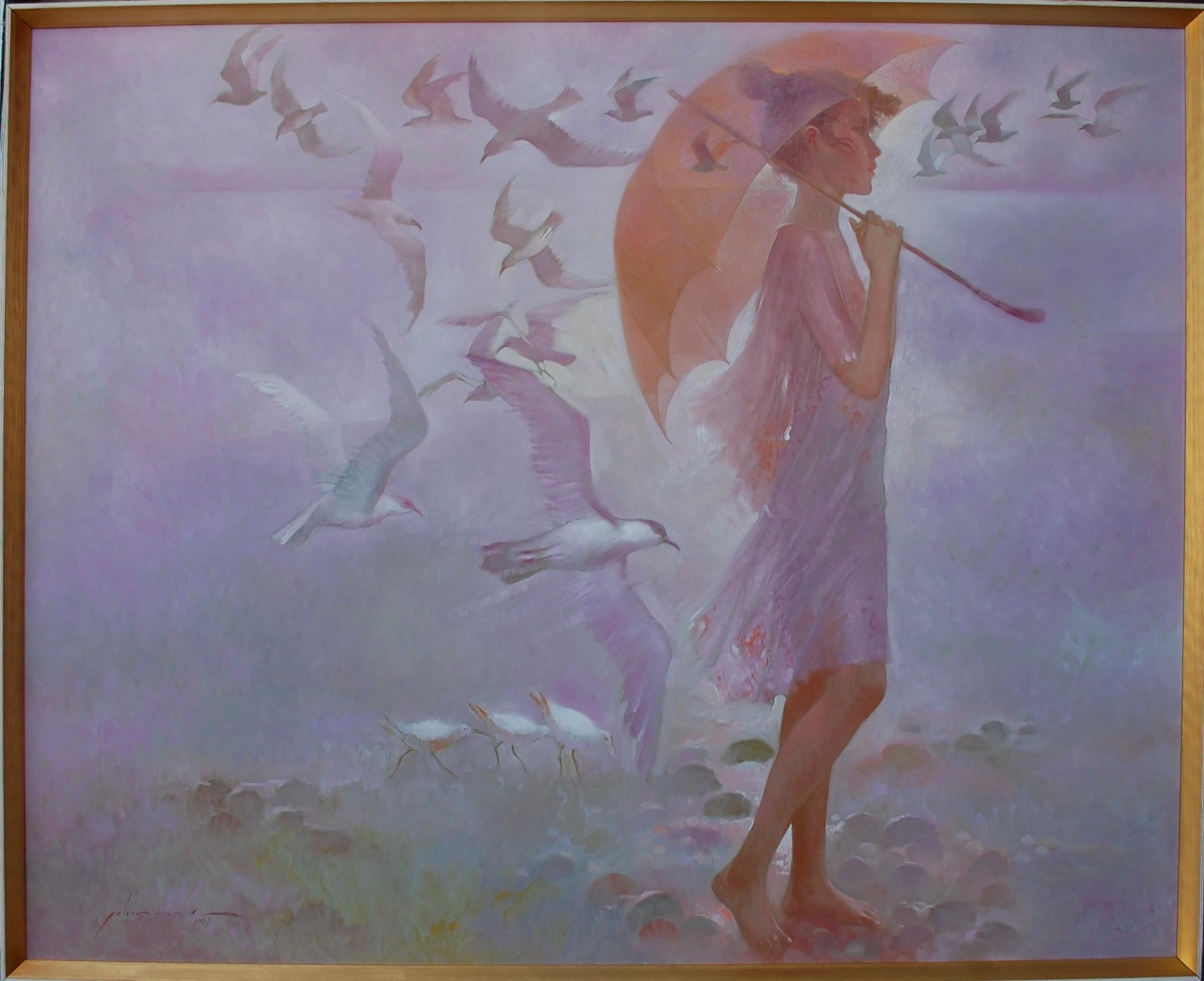  Young Woman Walking On The Beach Large Painting
Artist signed and titled. 
Artist signed, dated and titled, floater white-gold frame.
Ethereal oil on canvas figural painting, titled Playa Amarillo (Yellow Beach) work features a portrait of three