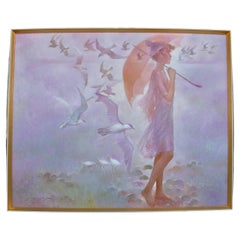 Vintage The Beach Large Oil Painting With Seagulls Birds