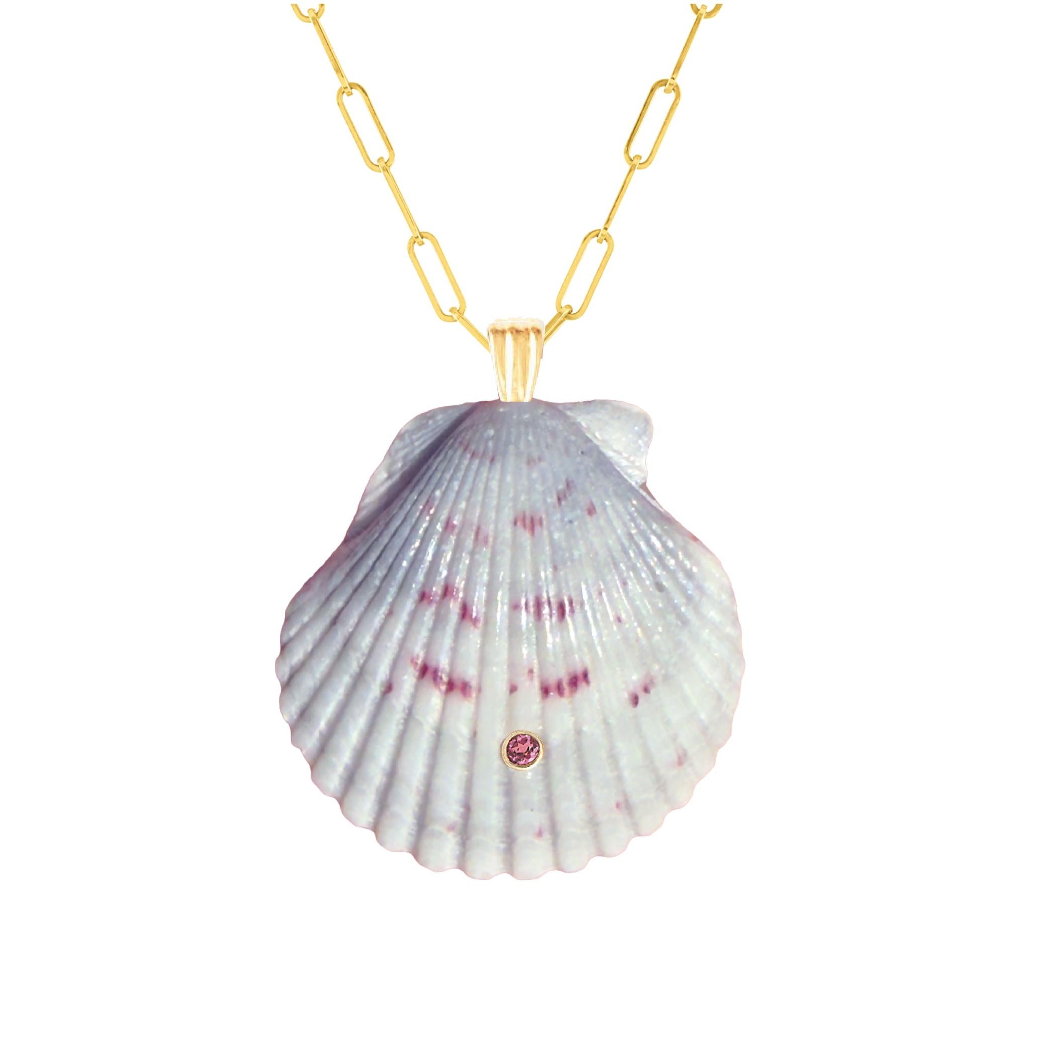 Round Cut Felix Natural Shell Pendant with 14k Gold and Natural Rhodolite Gemstone For Sale