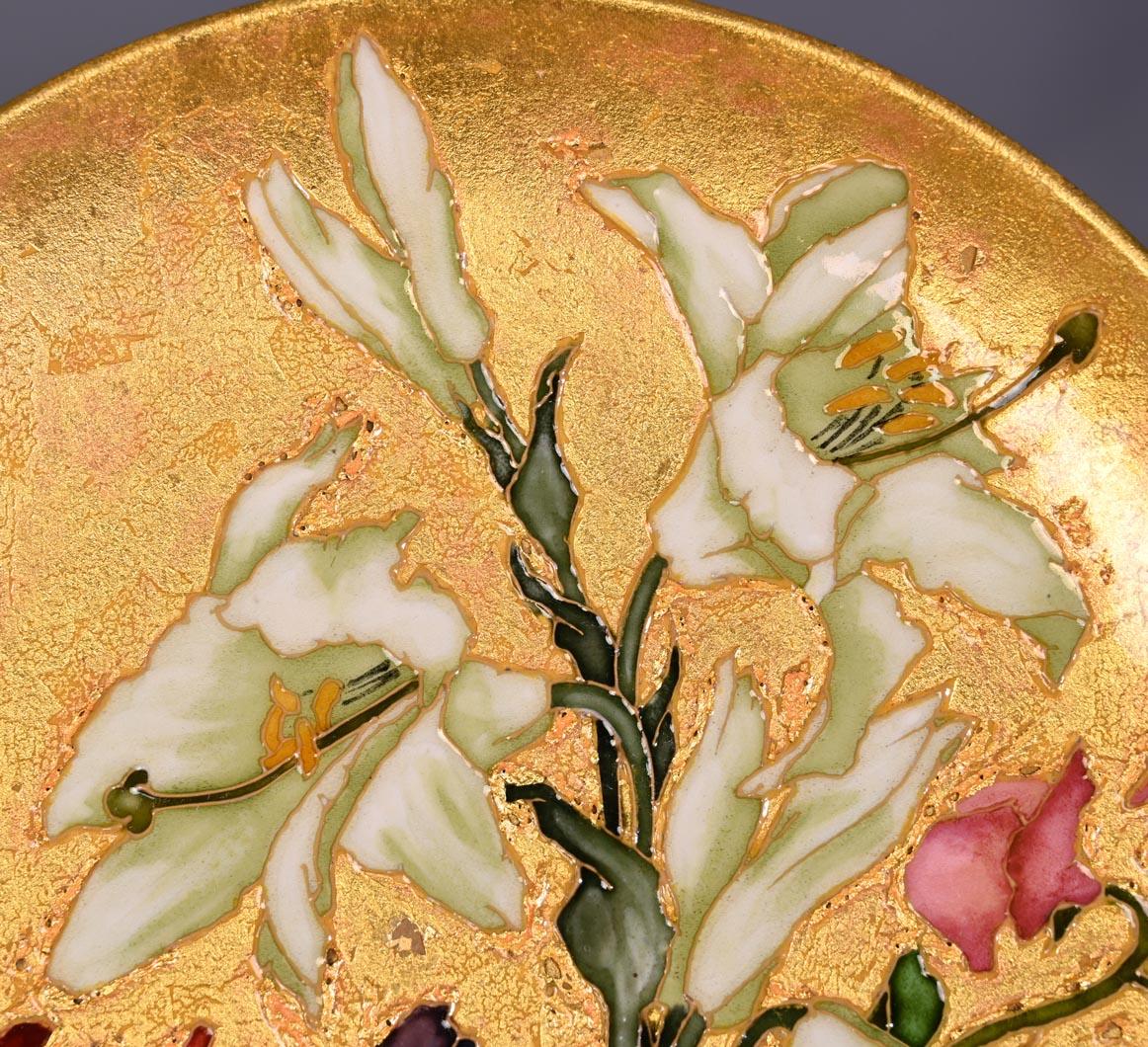 French Félix Optat Milet, Large enamelled dish on a gold background, 19th century For Sale