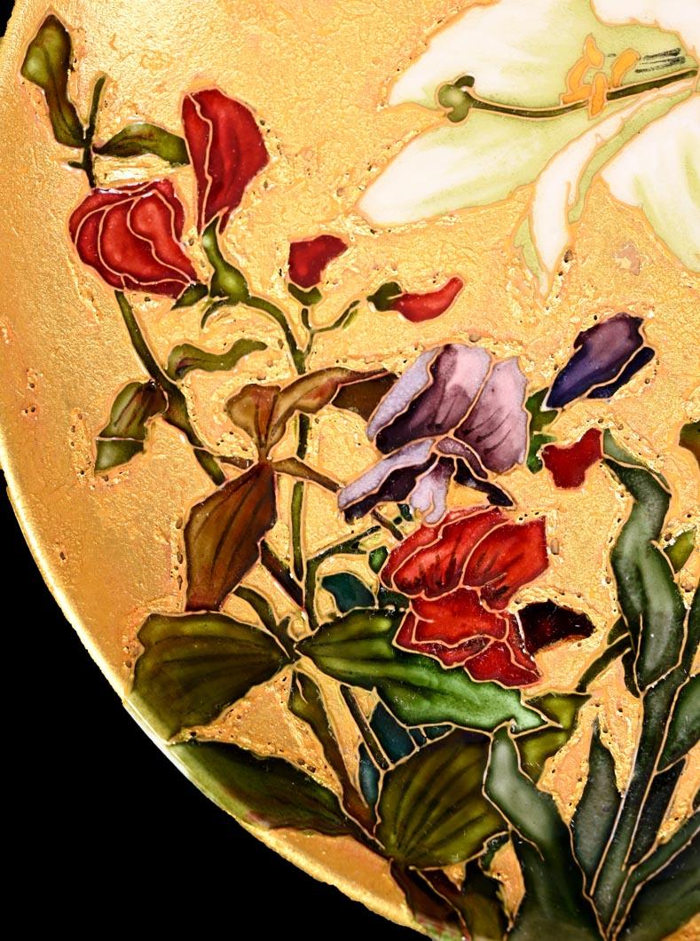Enameled Félix Optat Milet, Large enamelled dish on a gold background, 19th century For Sale