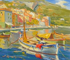Vintage French Impressionist Signed Oil Villefranche sur Mer Harbor Cote d'Azur