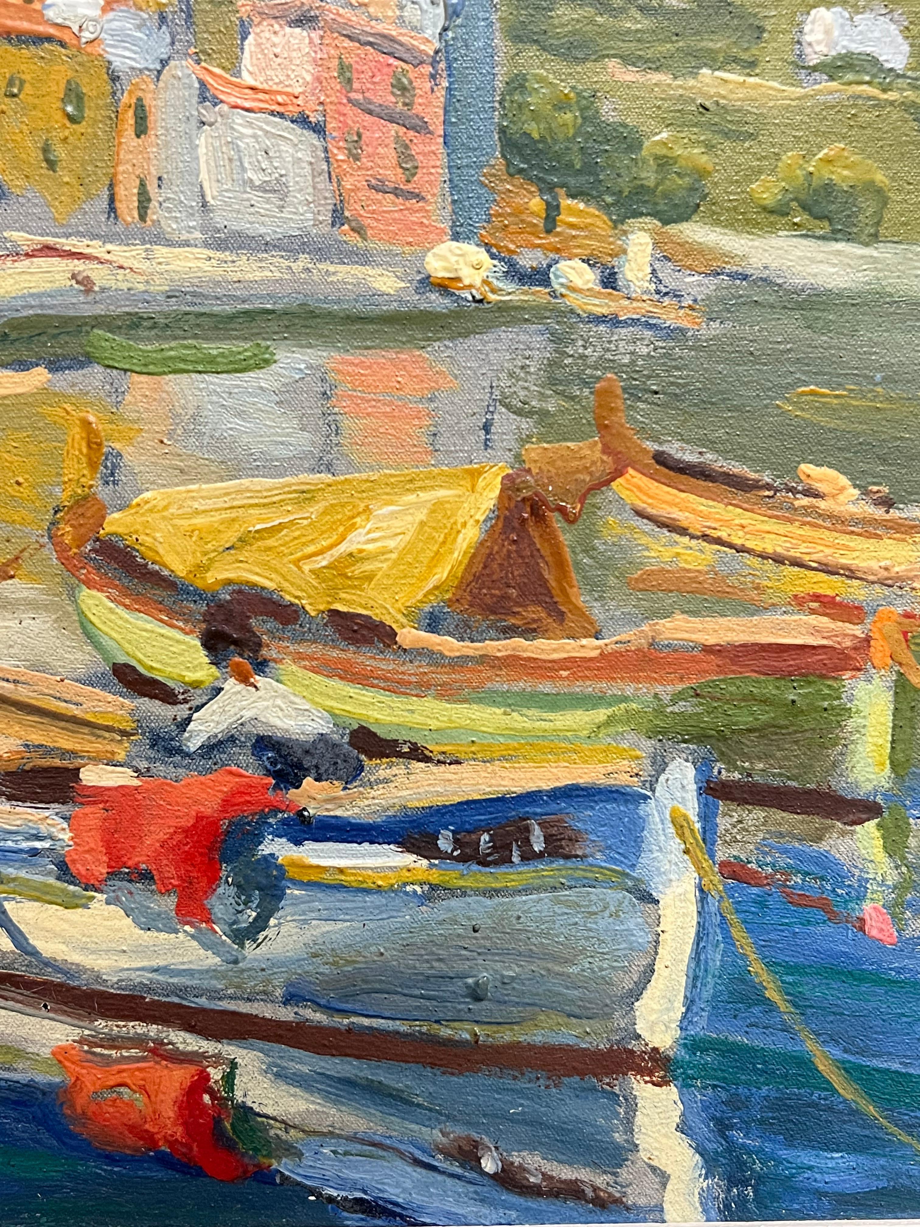 Vintage French Impressionist Signed Oil Villefranche sur Mer Harbor Cote d'Azur For Sale 3