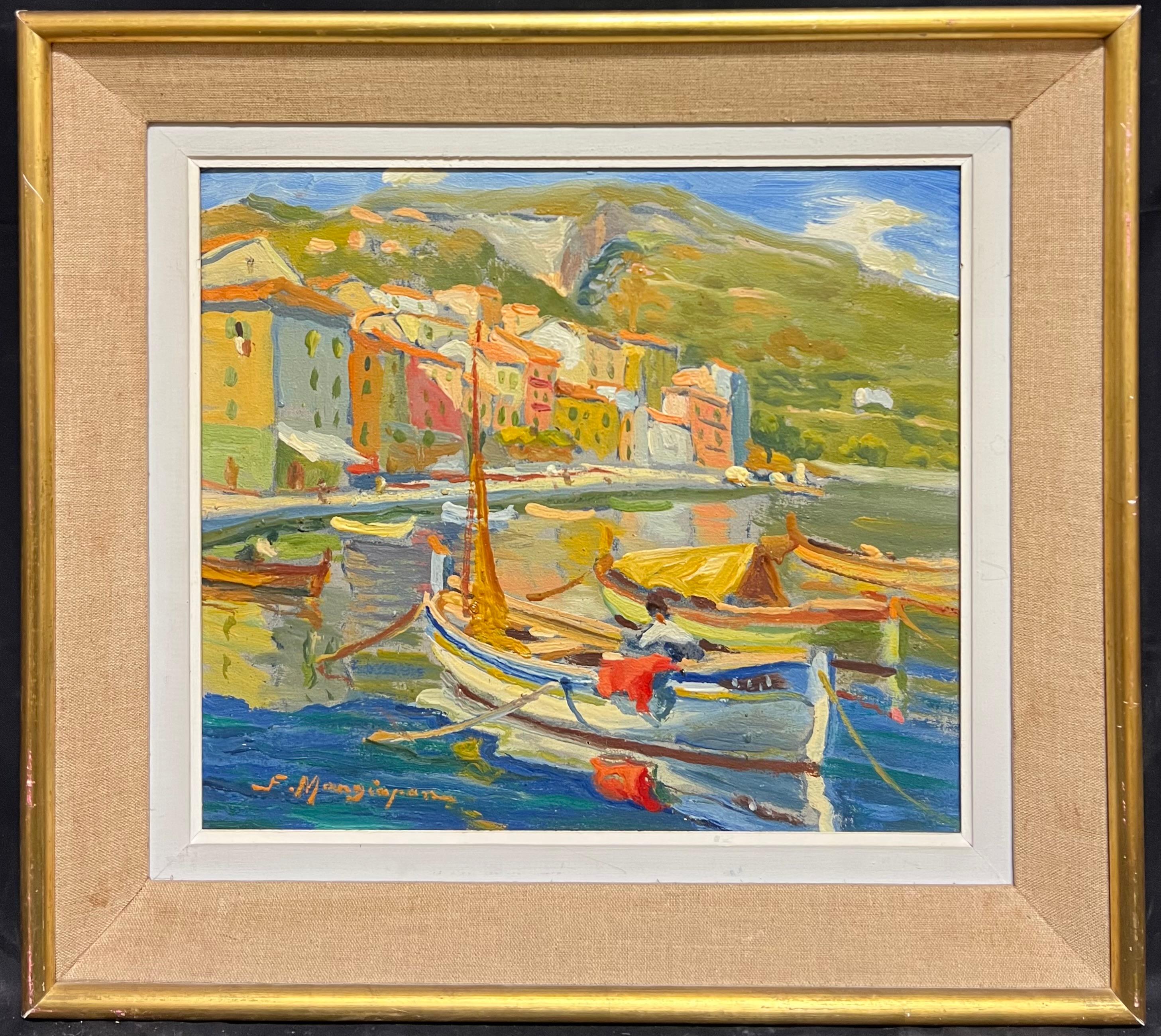 Felix Pierre MANGIAPAN (1884) Landscape Painting - Vintage French Impressionist Signed Oil Villefranche sur Mer Harbor Cote d'Azur
