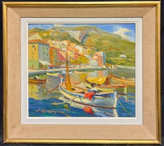 Vintage French Impressionist Signed Oil Villefranche sur Mer Harbor Cote d'Azur