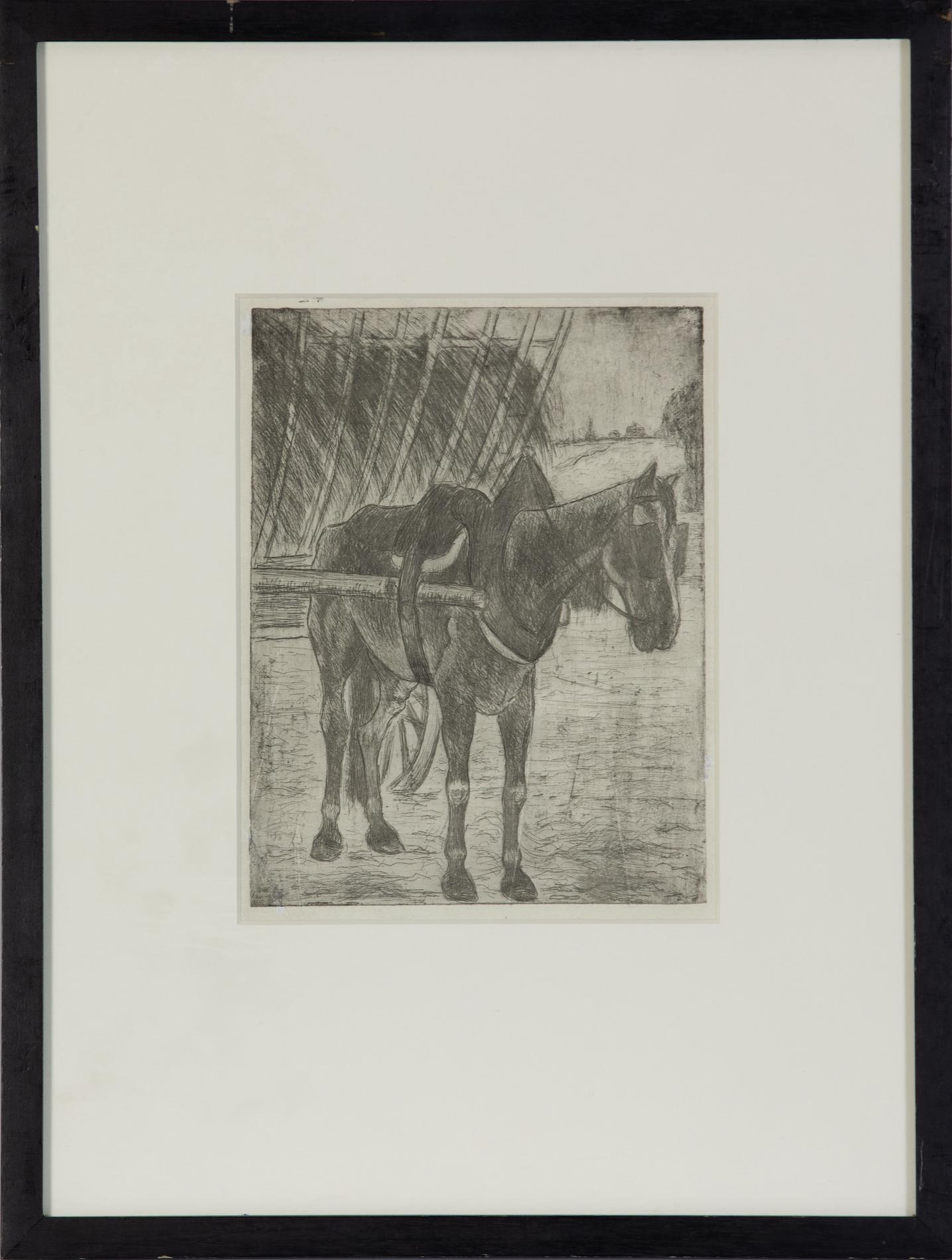 Chariot de tir de cheval en laisse par Flix Pissarro - gravure d'animaux  - Print de Félix Pissarro