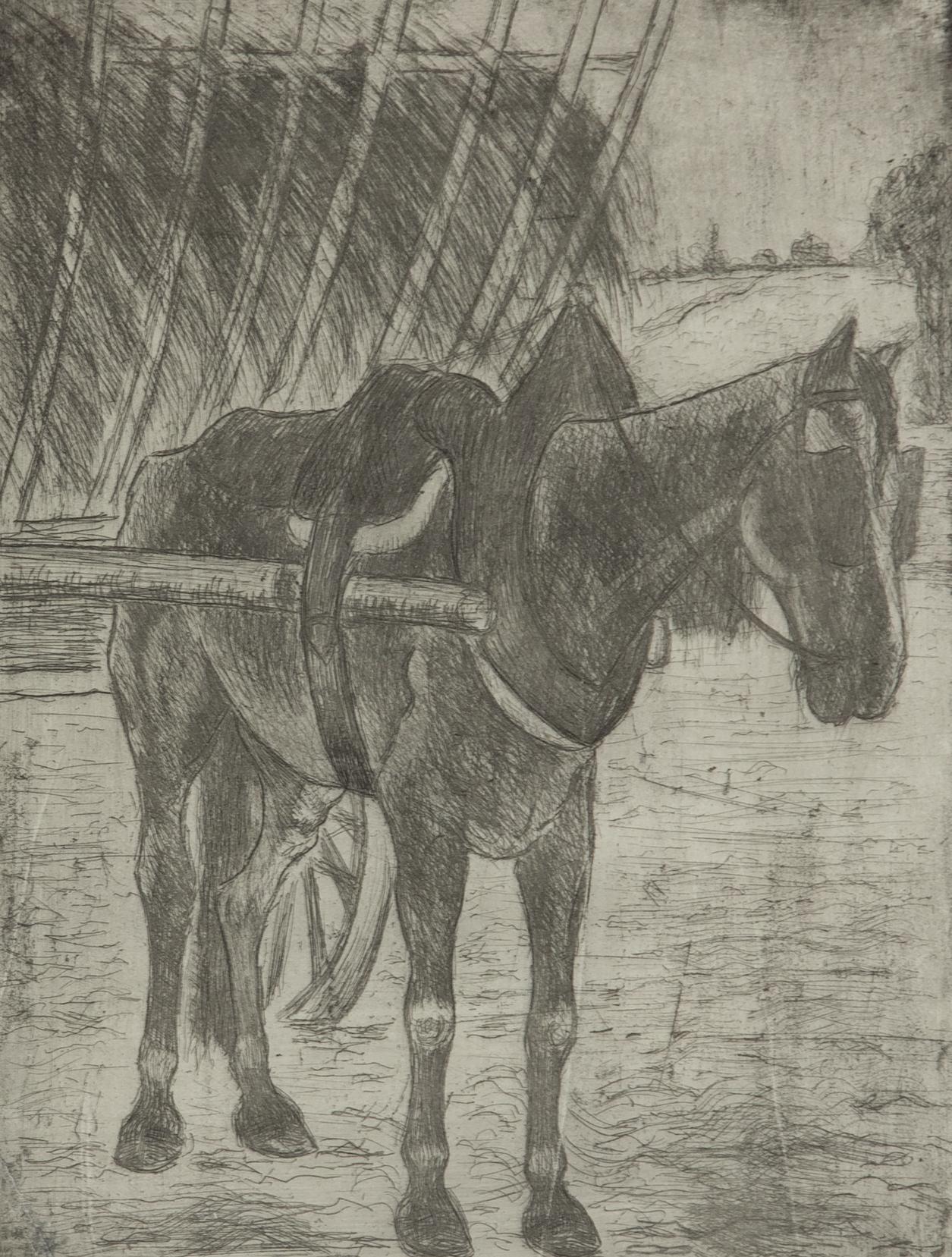 Chariot de tir de cheval en laisse par Flix Pissarro - gravure d'animaux 