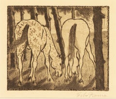 Two Horses Grazing under the Trees by Félix Pissarro - Etching