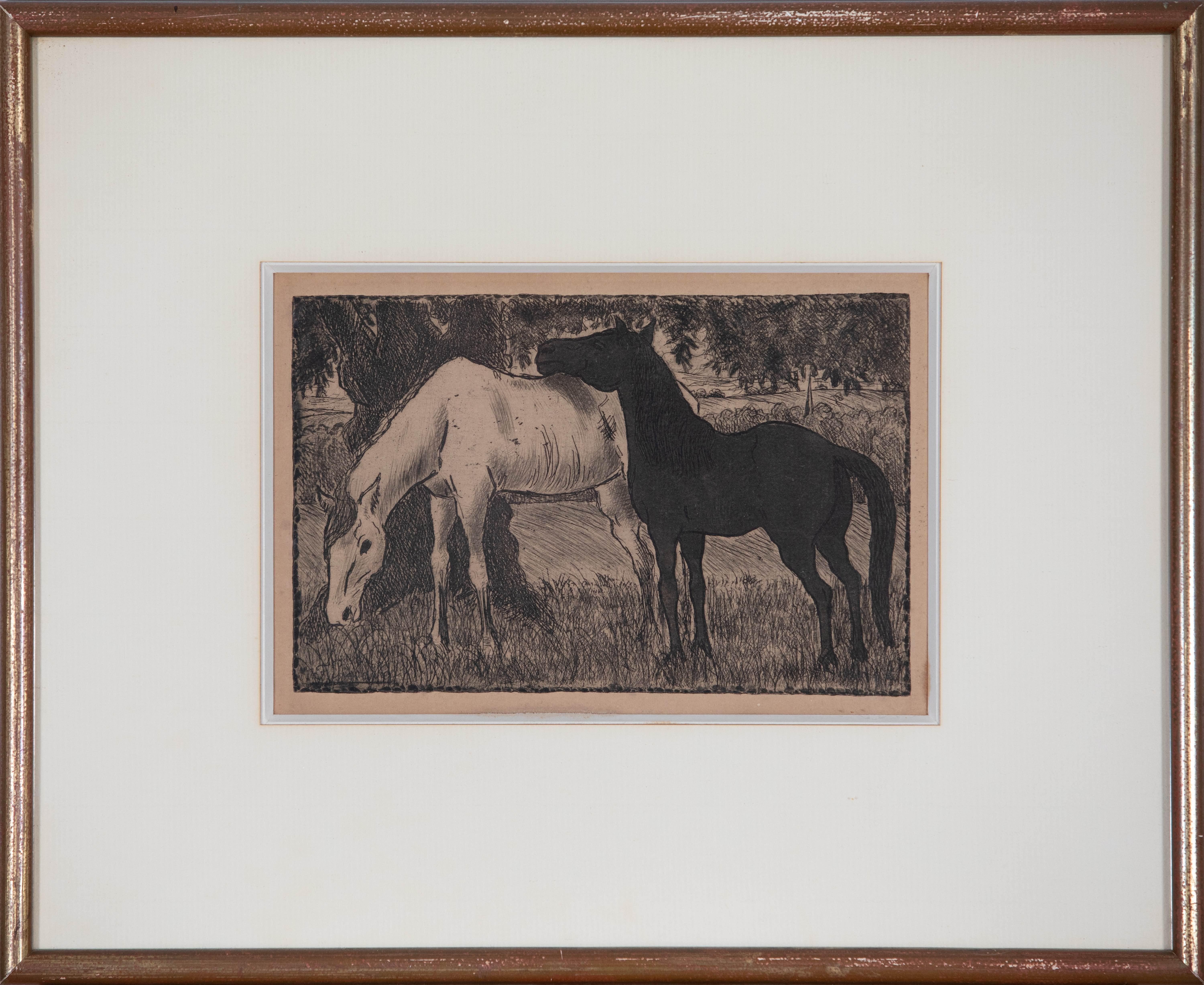 Deux chevaux sous un arbre par Félix Pissarro - Eau-forte et aquatinte en vente 1