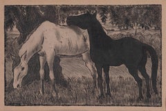 Deux chevaux sous un arbre par Félix Pissarro - Eau-forte et aquatinte