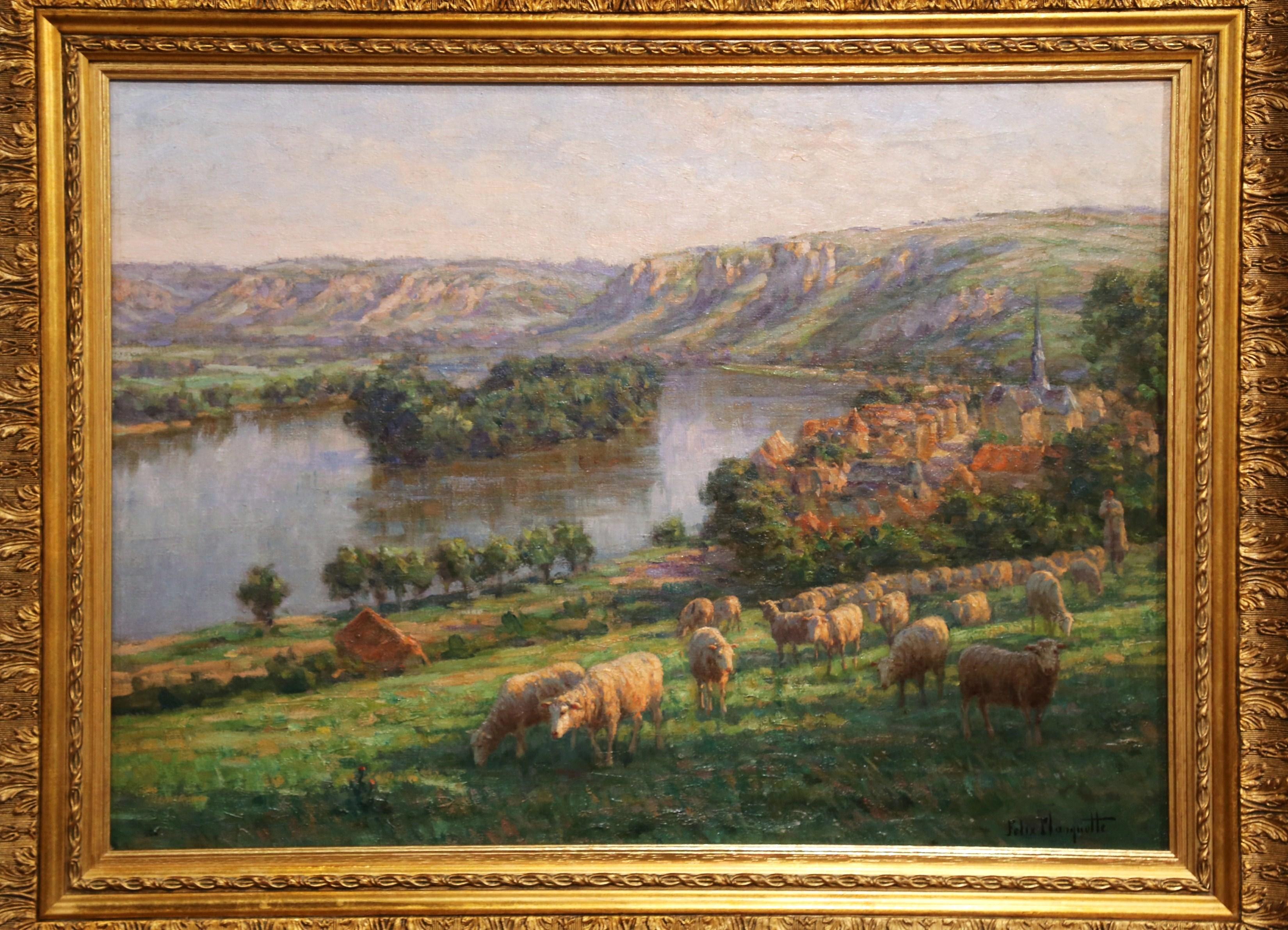 Early 20th Century Sheep Painting in Gilt Wood Frame Signed Felix Planquette 1