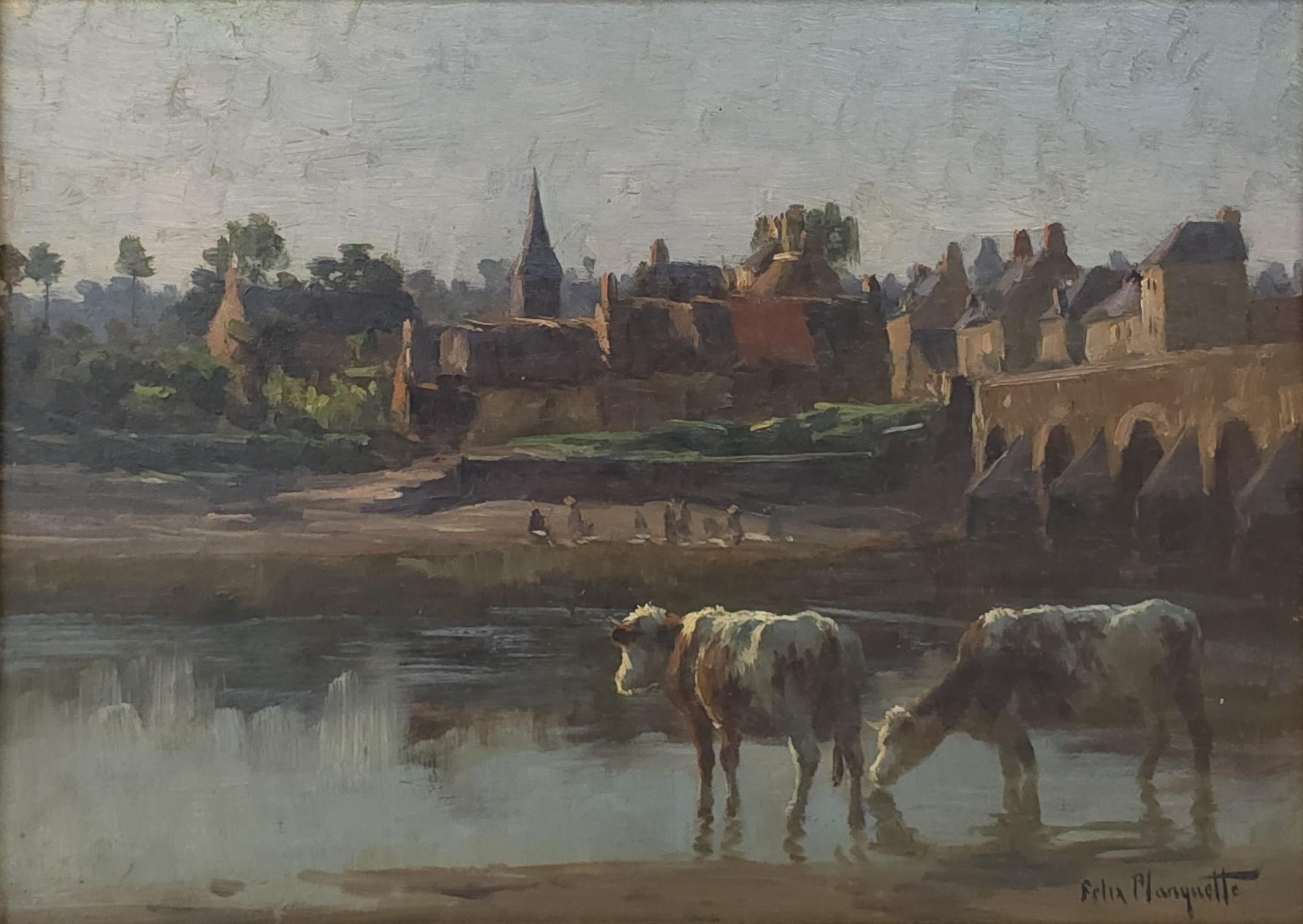 Paisaje soleado con vacas - Painting de Felix Planquette