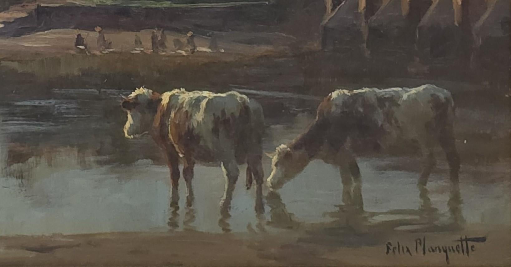 Paisaje soleado con vacas - Painting Impresionista de Felix Planquette