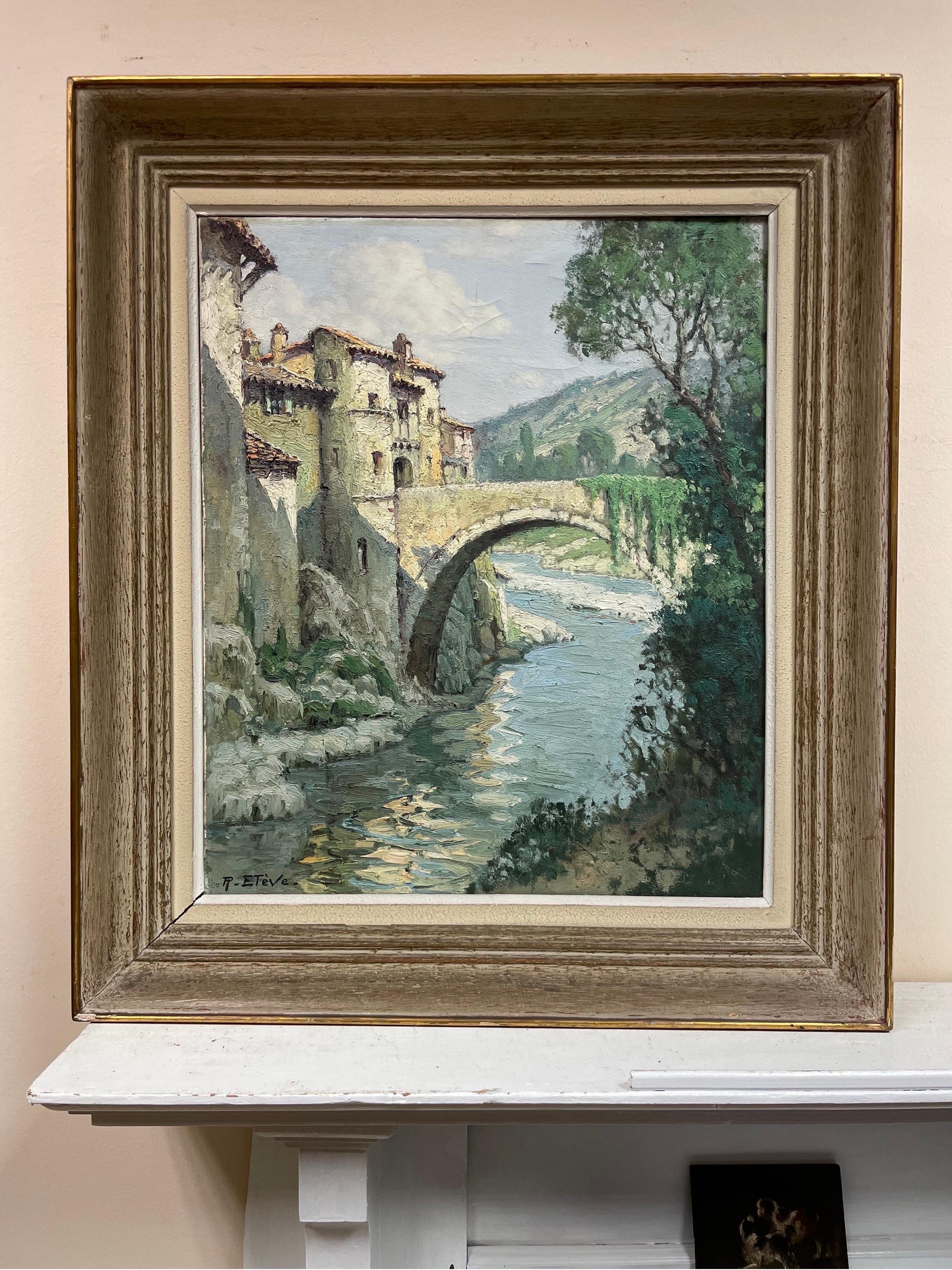 Gran paisaje impresionista francés de los años 50 firmado Puente viejo sobre el río - Painting de Felix Raoul Eteve