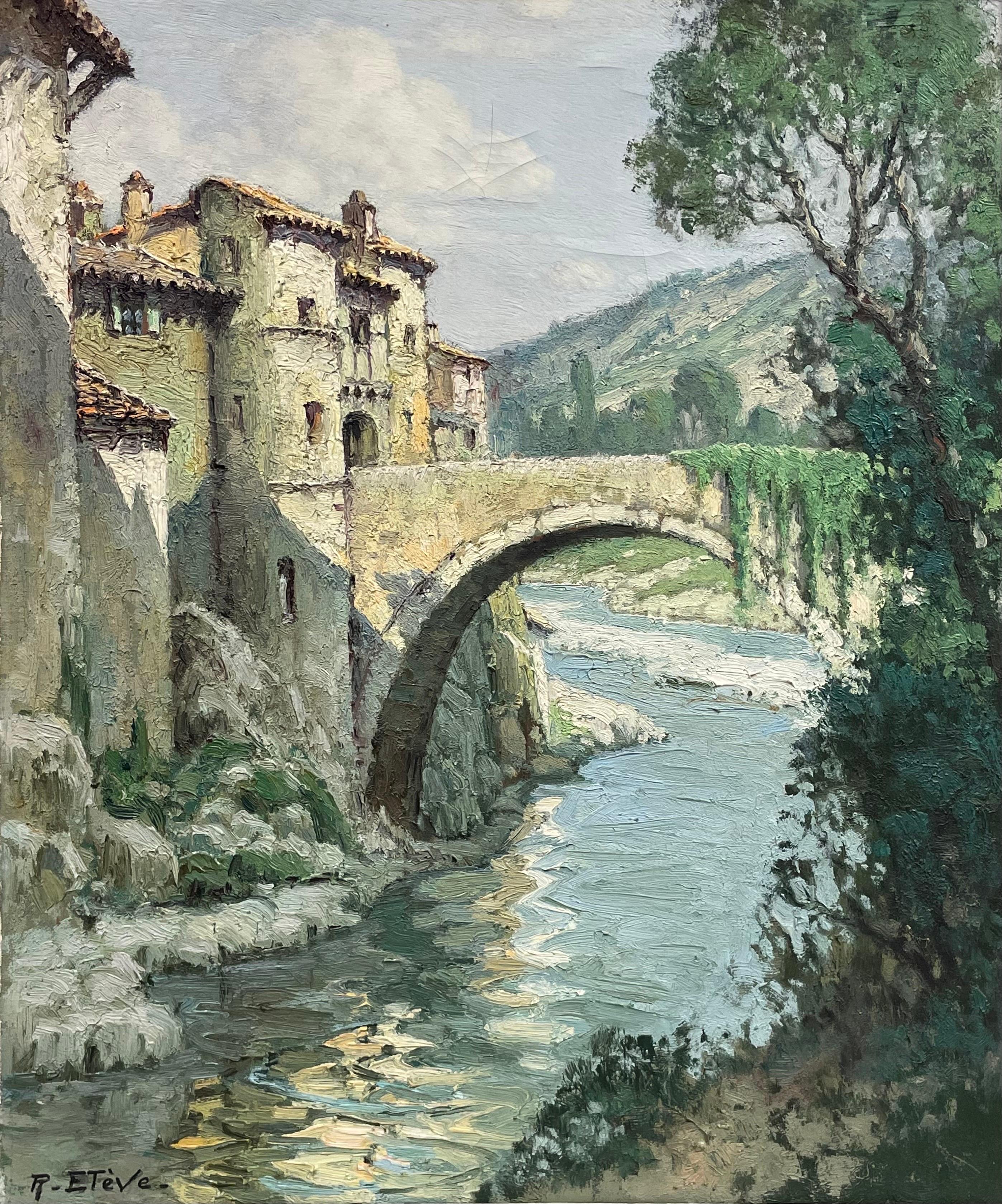 Gran paisaje impresionista francés de los años 50 firmado Puente viejo sobre el río - Painting Posimpresionista de Felix Raoul Eteve
