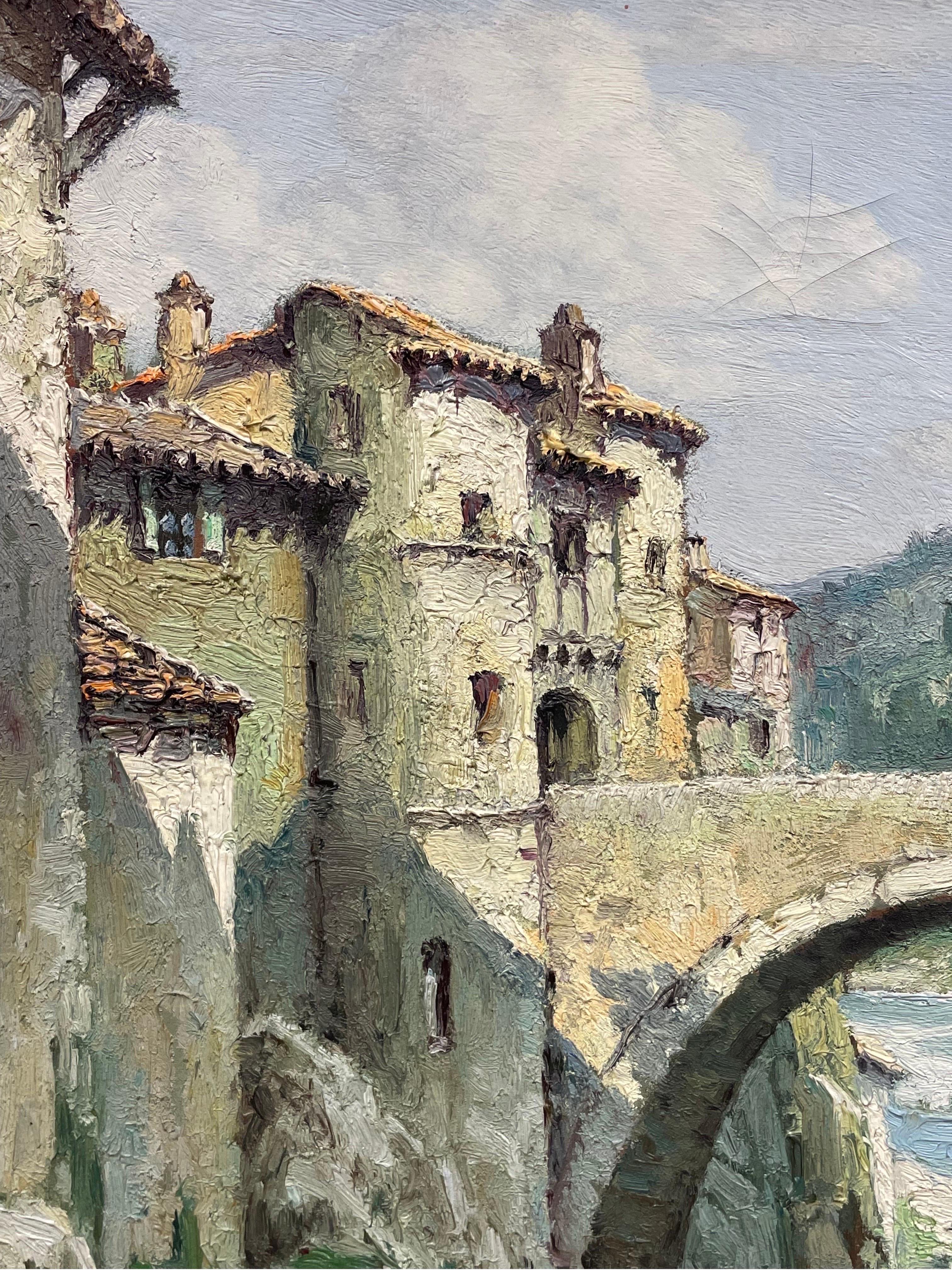Gran paisaje impresionista francés de los años 50 firmado Puente viejo sobre el río - Landscape Painting Gris de Felix Raoul Eteve