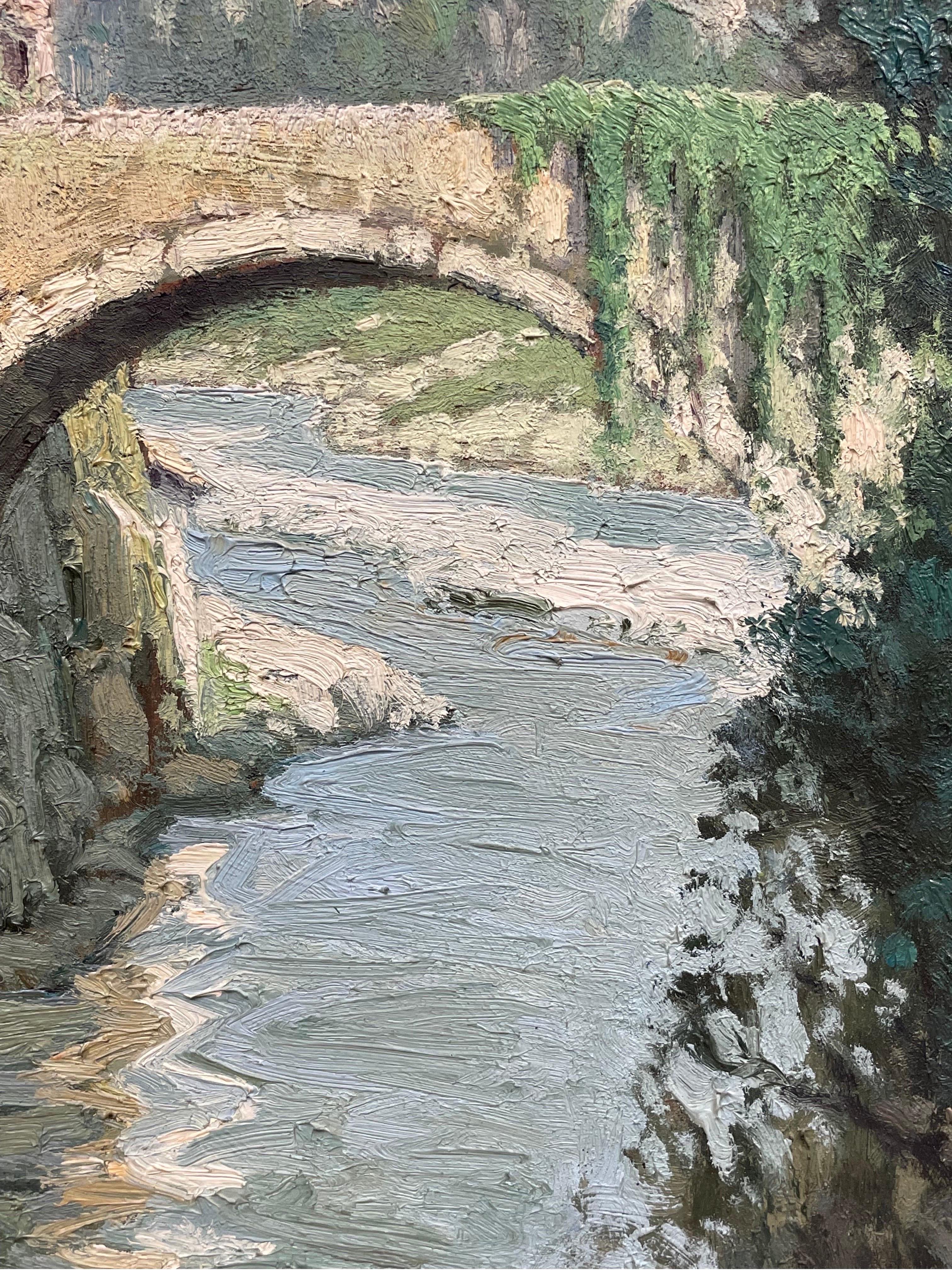 Gran paisaje impresionista francés de los años 50 firmado Puente viejo sobre el río en venta 1