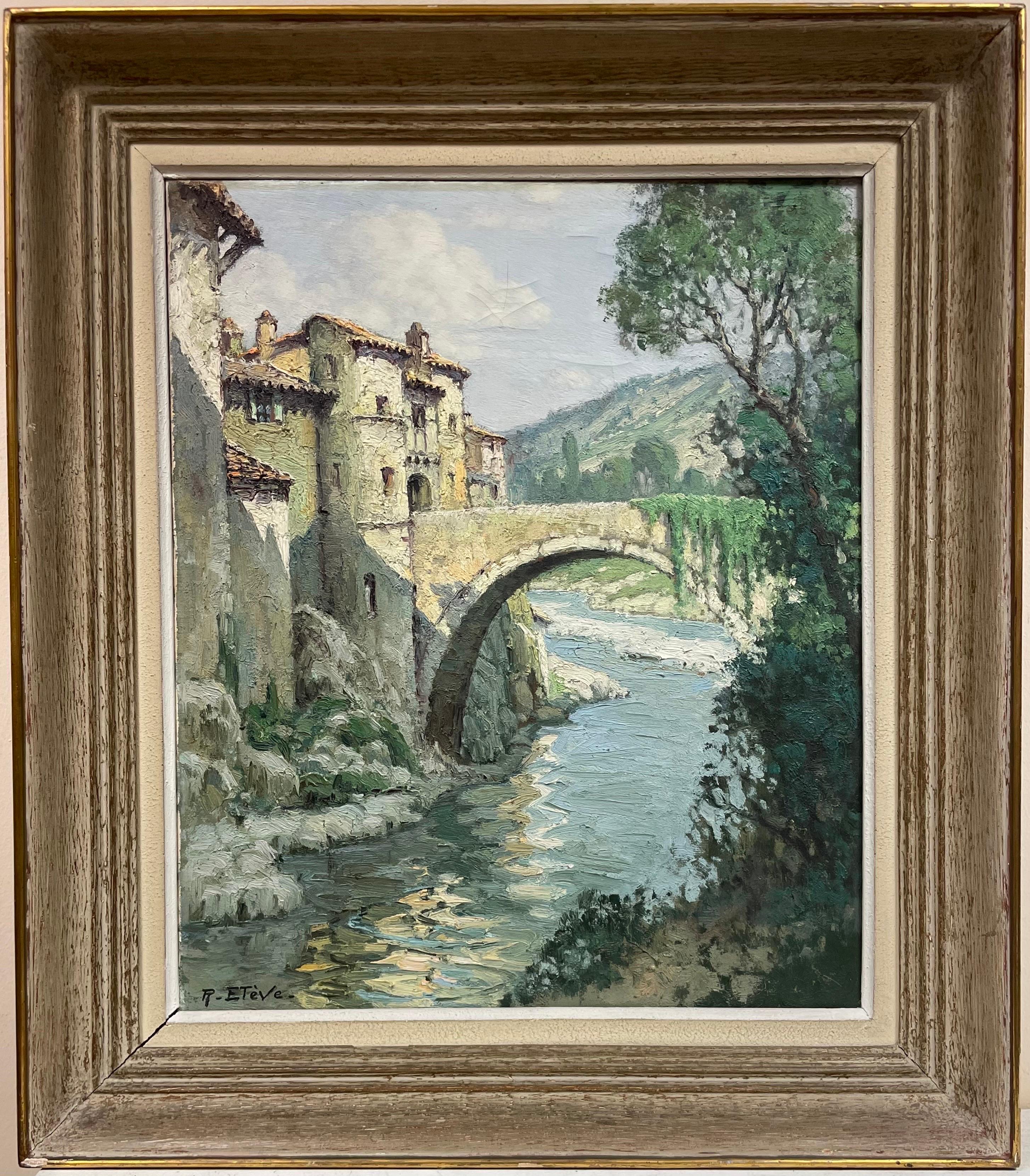 Large 1950's French Impressionist Signed Old Bridge over River Landscape