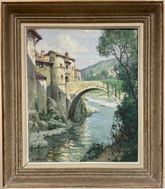 Grand paysage impressionniste français des années 1950 signé du Vieux pont au-dessus d'une rivière