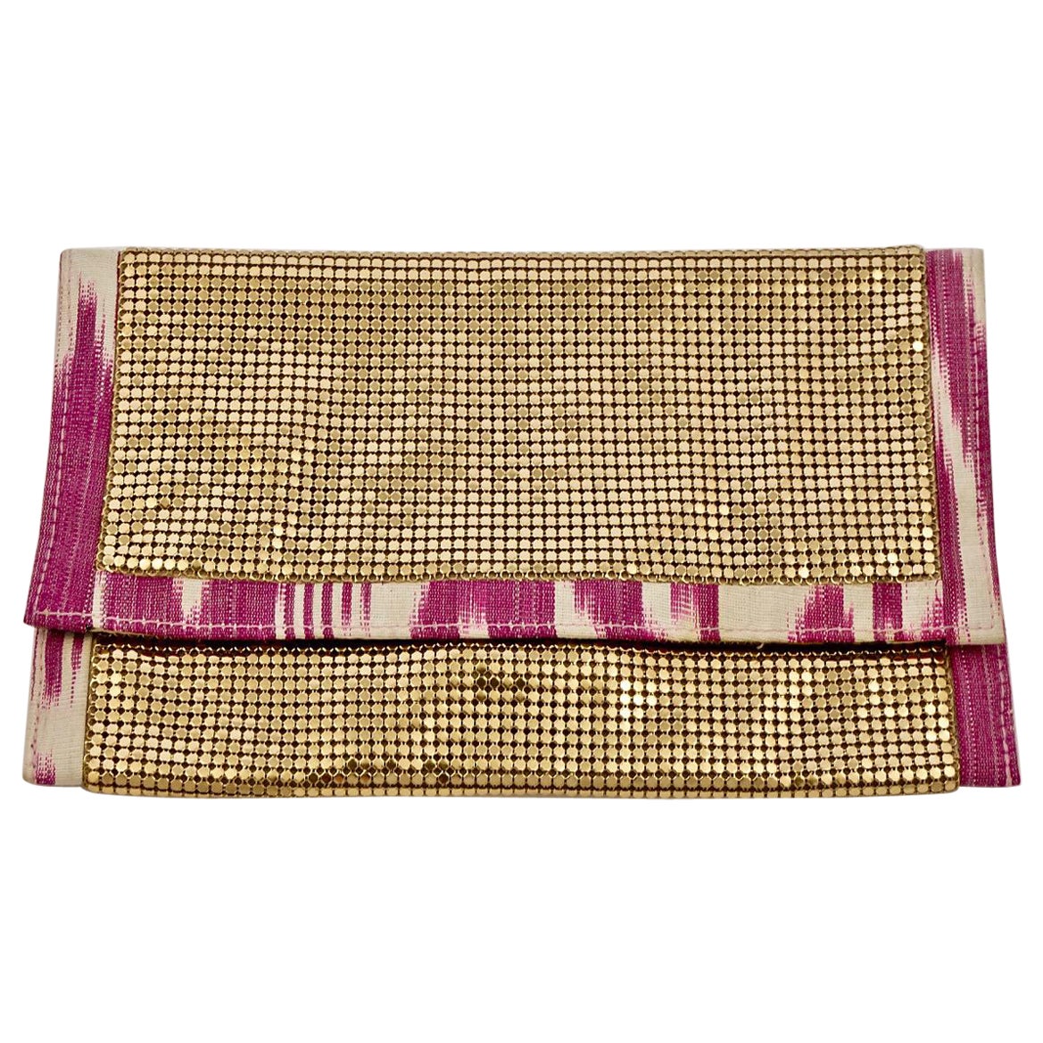 Felix Rey New York Gold Mesh Pink White Clutch Bag with Leopard Print Lining For Sale
