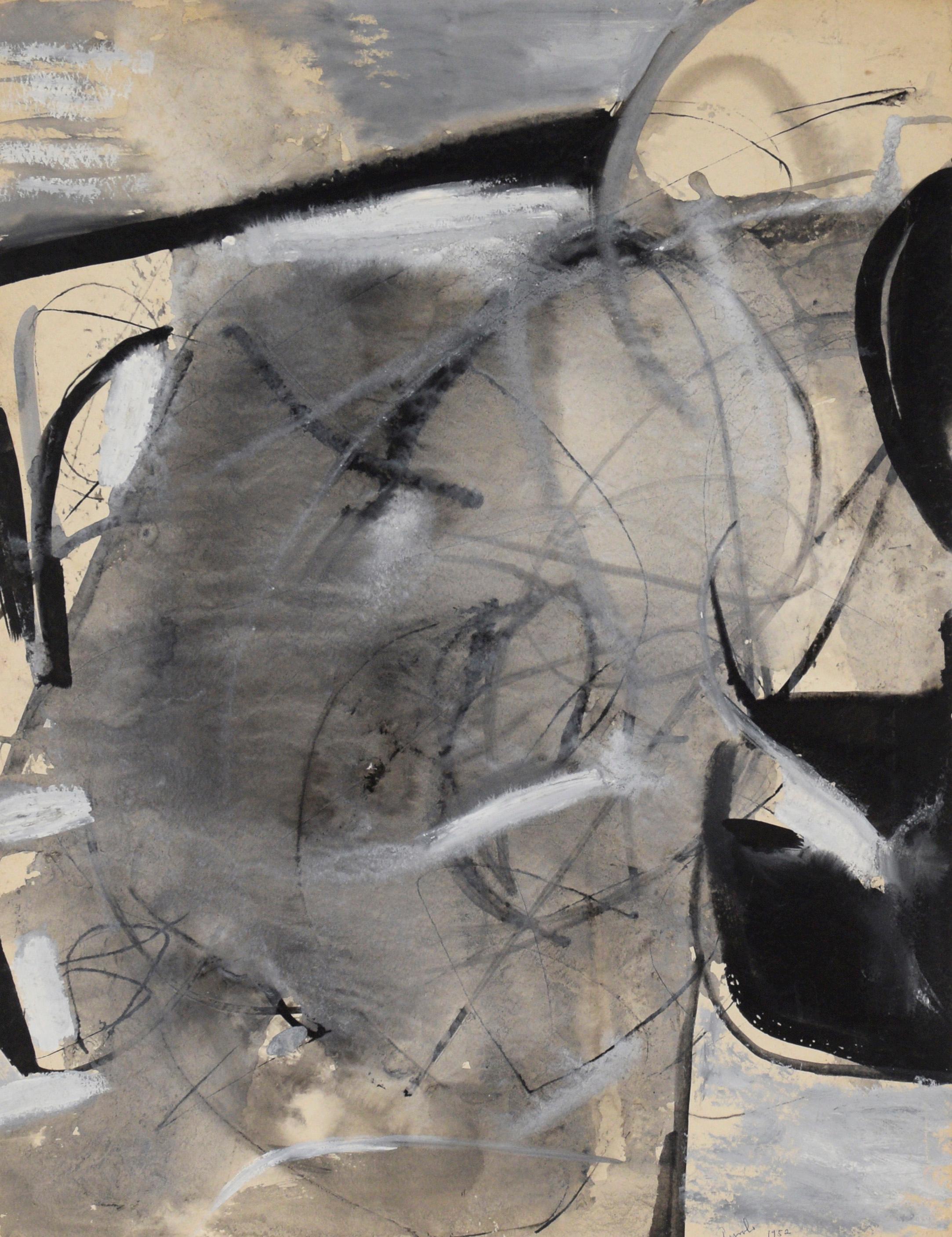 Black And White Abstract - Oil And Gouache On Paper - Painting by Felix Ruvolo