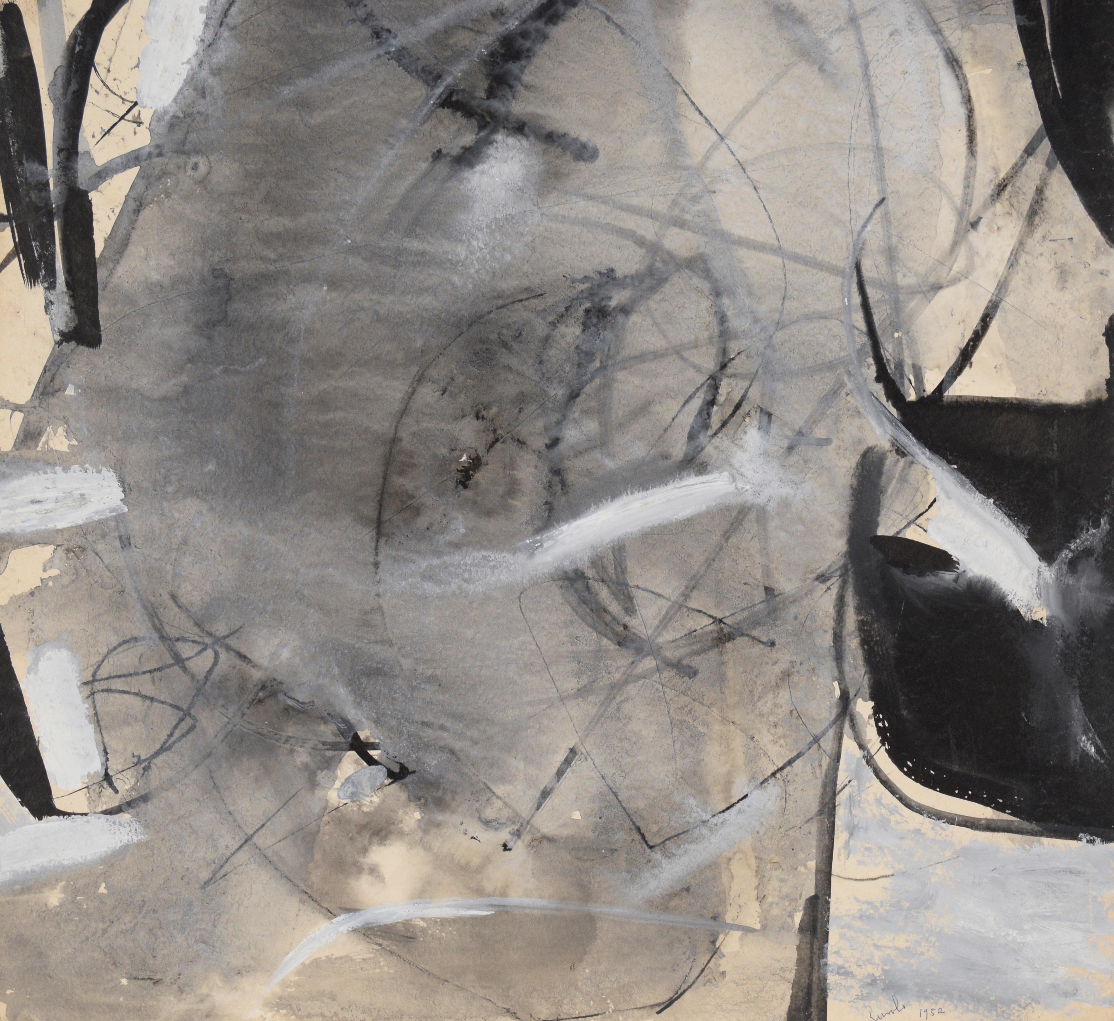 Abstraktes Schwarz-Weiß-Gemälde – Öl und Gouache auf Papier

Abstraktes Schwarz-Weiß-Gemälde von Felix Ruvolo (Amerikaner, 1912-1992). Grau nimmt die Mitte des Papiers ein, umgeben von schwarzen und weißen Strichen.

Signiert und datiert unten