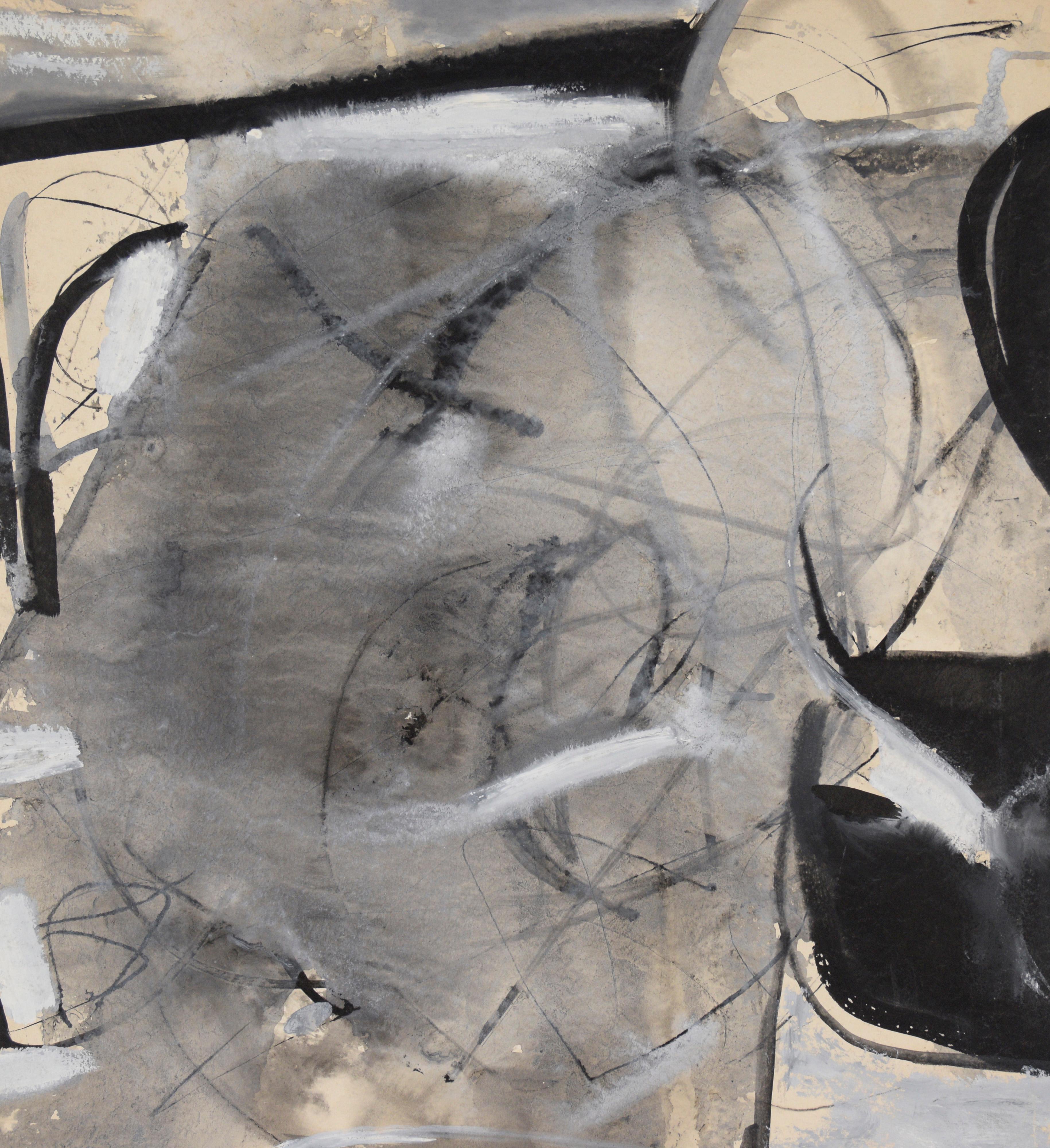 Abstraktes Schwarz-Weiß-Gemälde – Öl und Gouache auf Papier im Angebot 2
