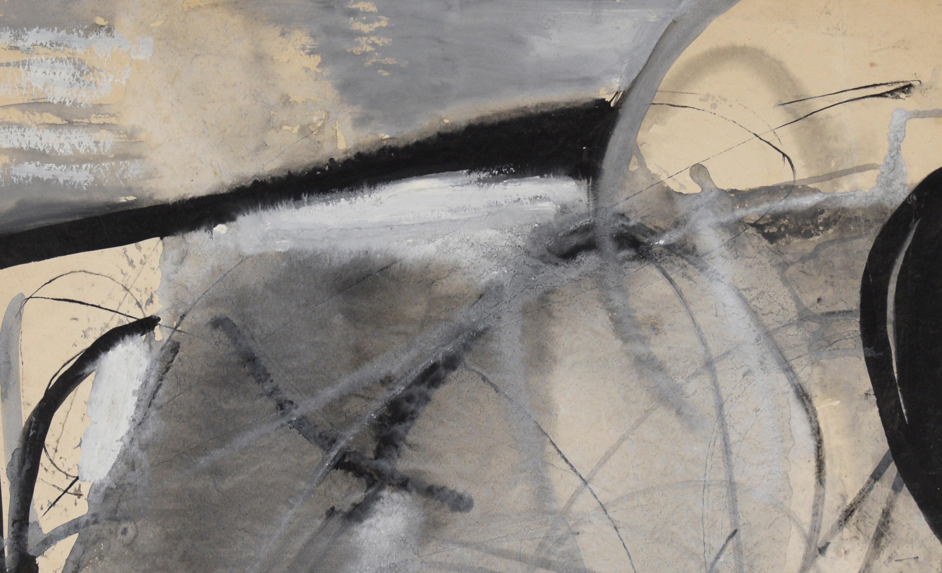 Abstraktes Schwarz-Weiß-Gemälde – Öl und Gouache auf Papier im Angebot 3