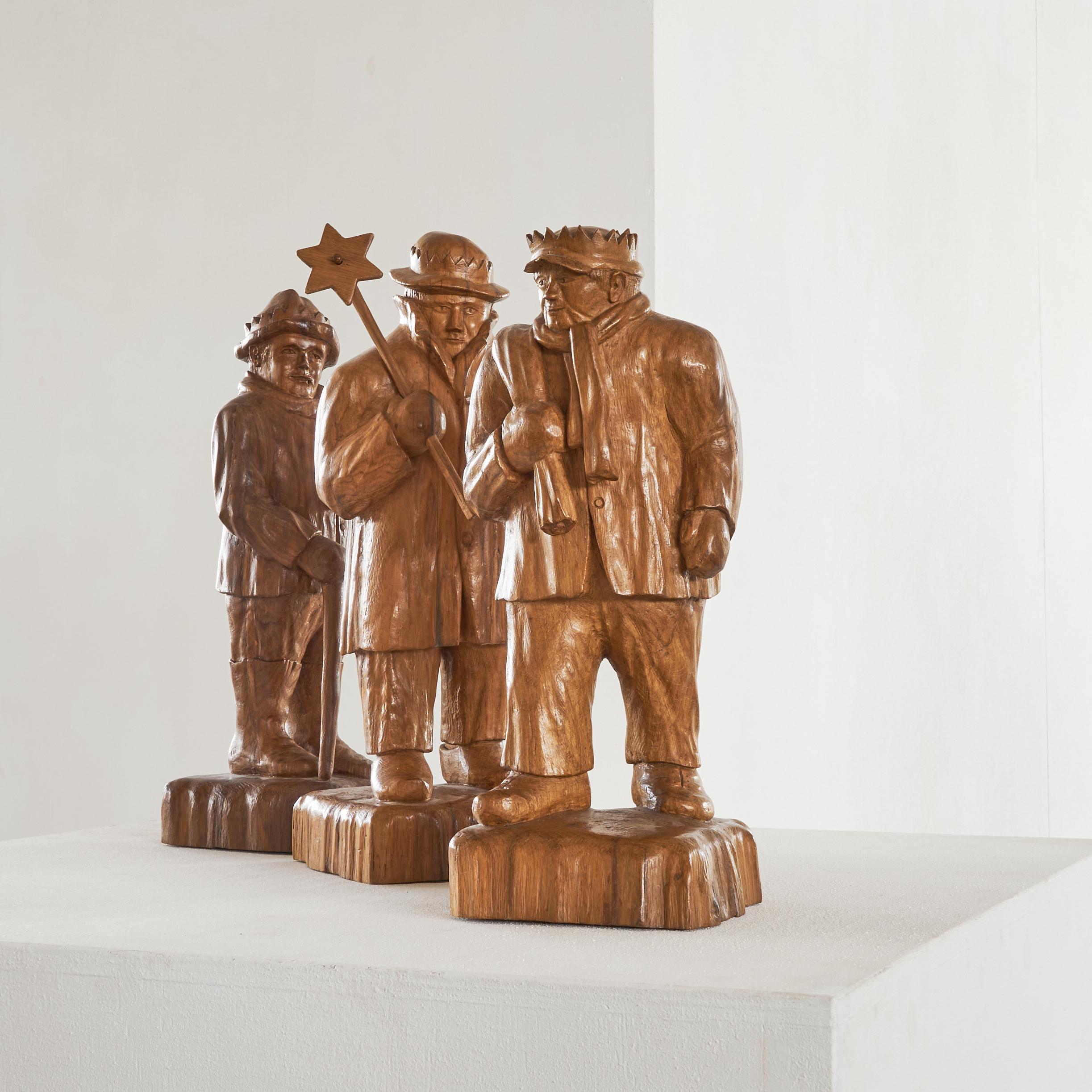 Felix Timmermans 'Three Wise Men' Flemish Folk Art Sculptures in Wood, Belgium, 1970 and 1972.

This is a remarkable set of Flemish folk art sculptures carved out of wood in 1970 and 1972. Based on a famous folkloristic Flemish story by Felix