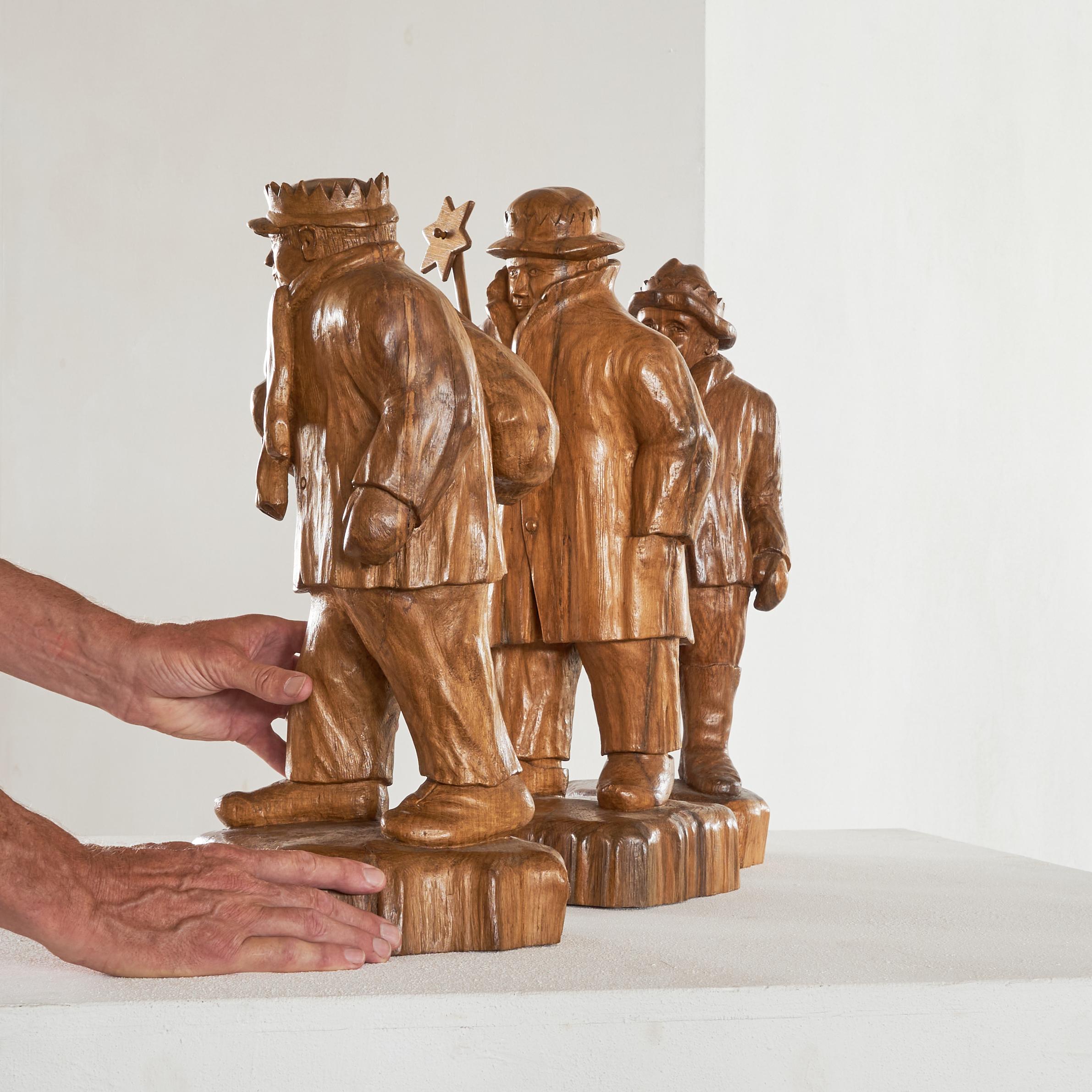 Brutalist Felix Timmermans '3 Wise Men' Flemish Folk Art Sculptures in Carved Wood 1970 For Sale