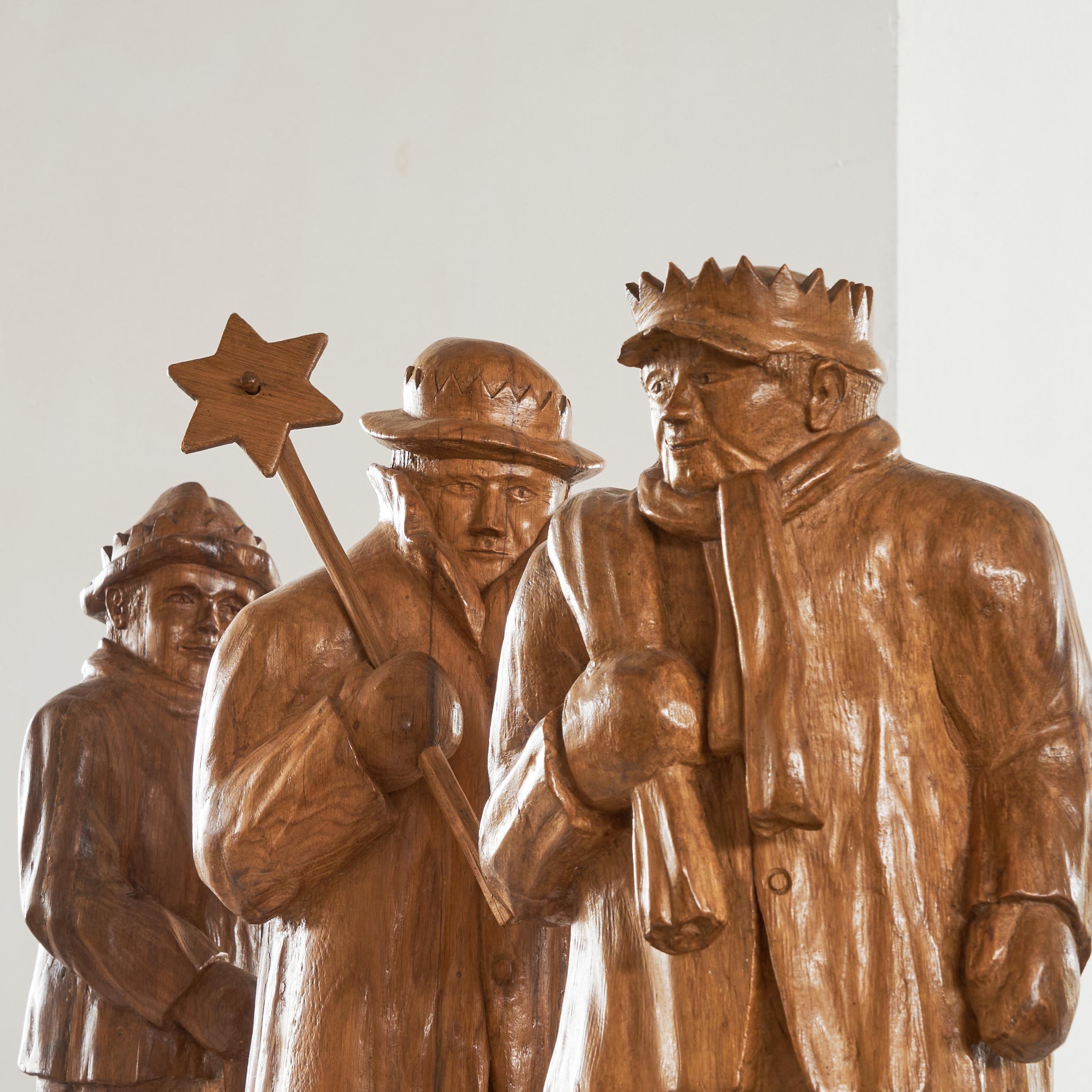 Bois Felix Timmermans 'Les 3 Rois Mages' Sculptures d'Art Populaire Flamand en Wood Carved 1970 en vente