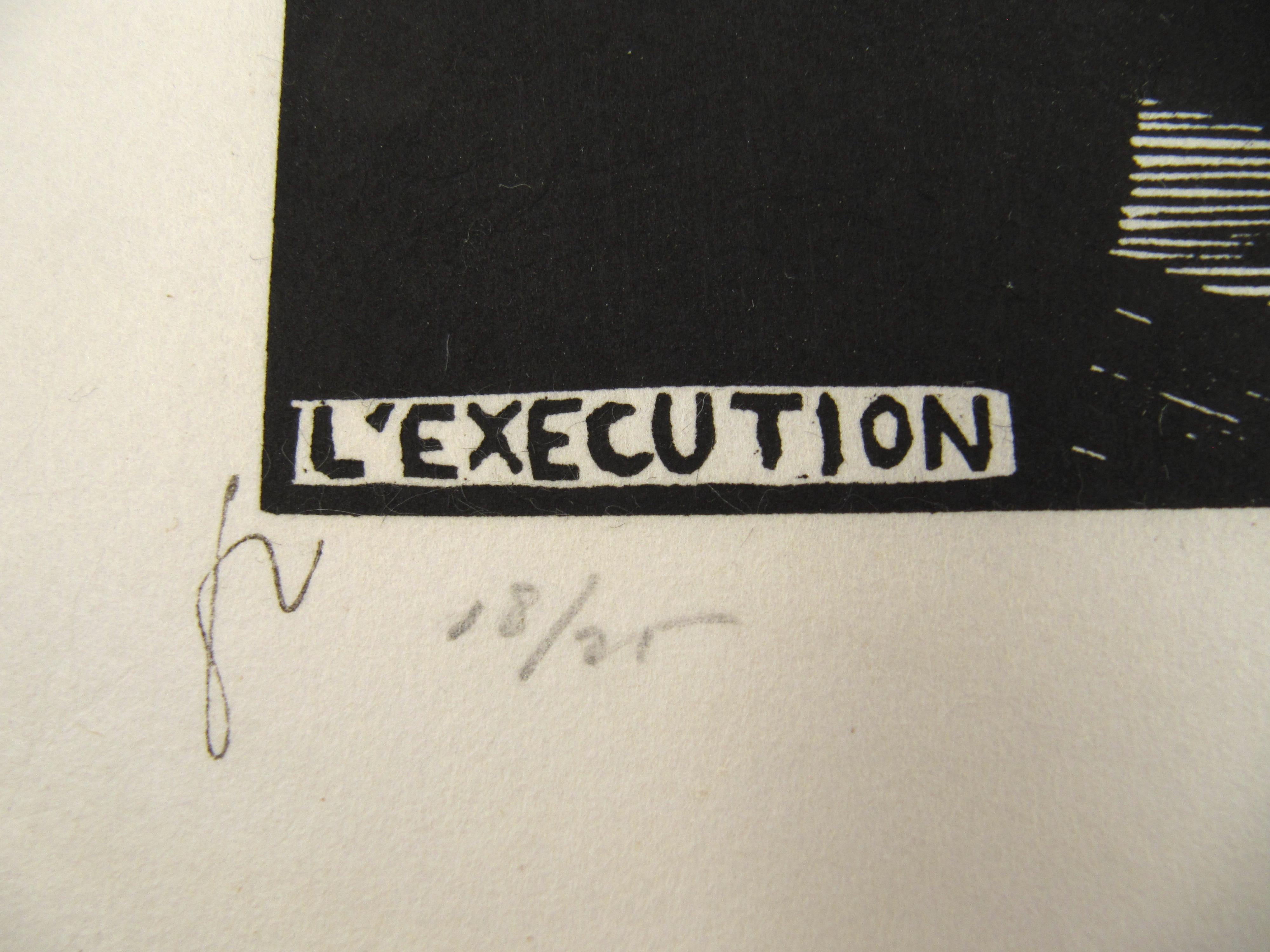 Félix Vallotton
(Swiss, 1865 - 1925)

L’Exécution

•	Wood cut print
•	Loose Japan paper sheet, 25 x 37 cm
•	Block, ca. 15 x 25 cm
•	Monogrammed in the print bottom right
•	Stamp Monogrammed bottom left
•	Edition 18/25
•	Vallotton Atelier Blind Stamp