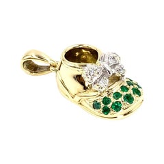 Vintage Felix Vollman 18 Karat Gold Baby Shoe Charm with Emeralds and Diamonds