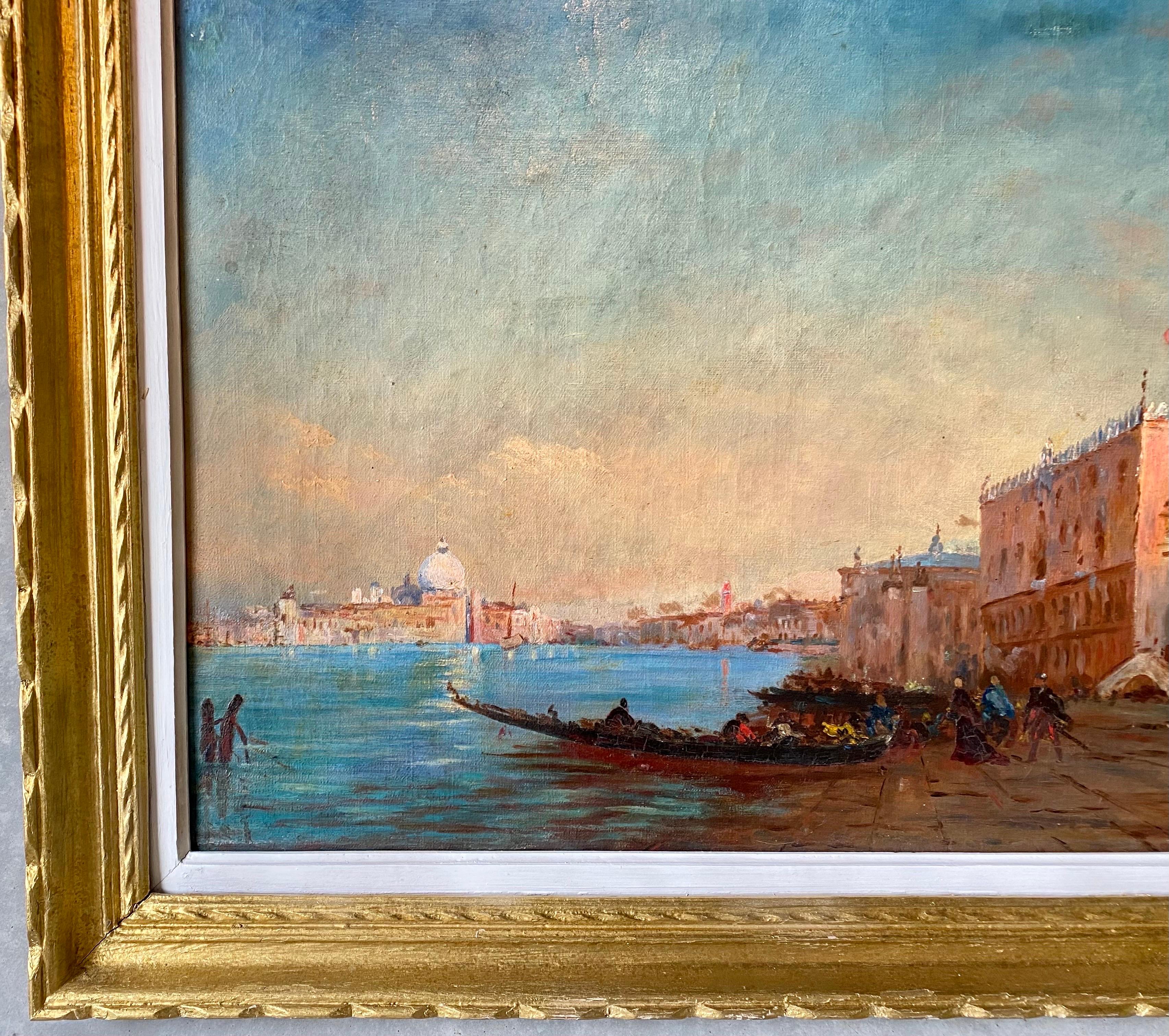 19th century French impressionist painting - Cityscape of Venice by sunset - Brown Landscape Painting by Felix Ziem