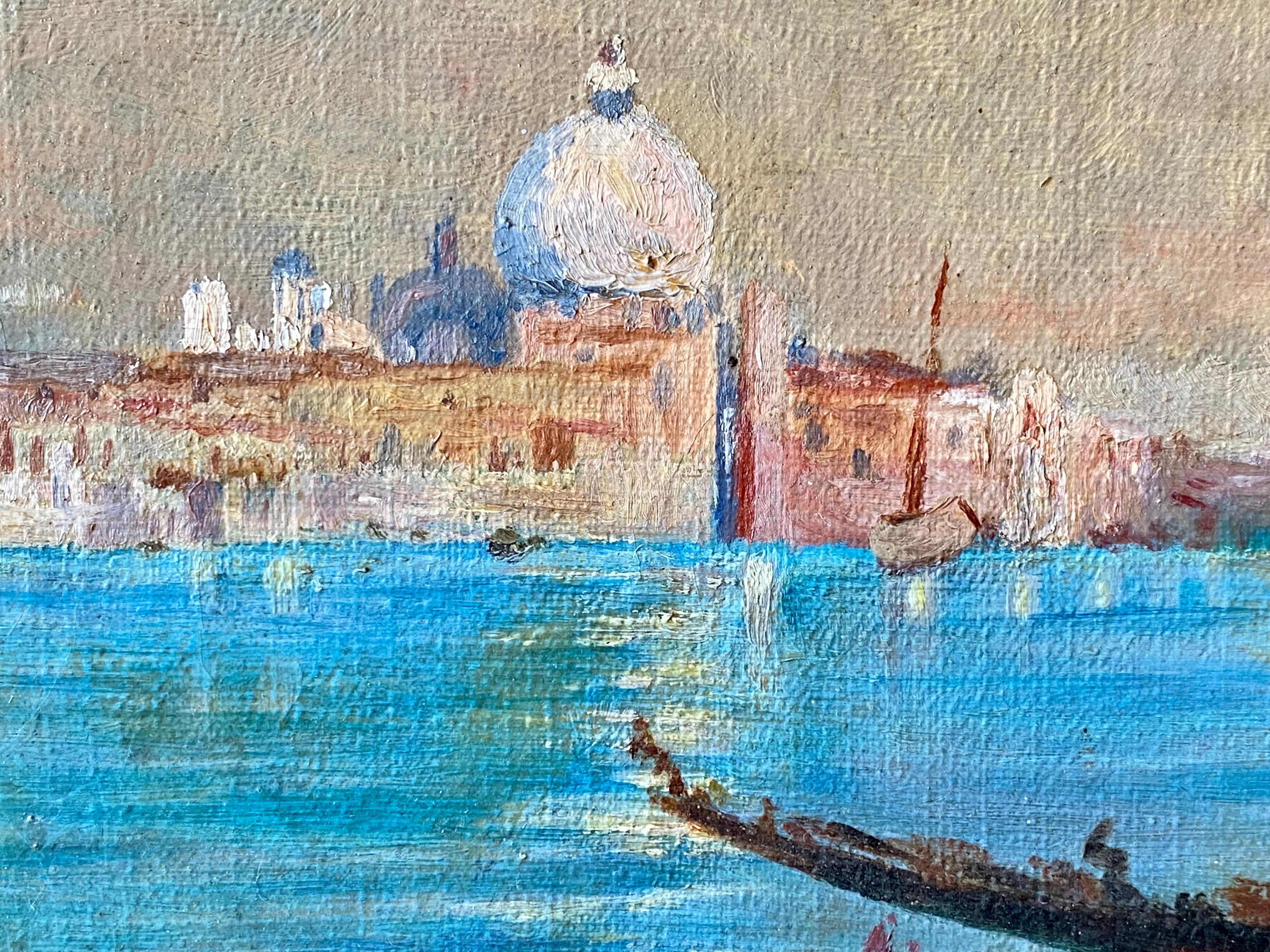 Large French impressionist painting of Venice by sunset

To the right of our painting we can see several gondola's with the Campanile tower of the Piazza San Marco visible in the background. In the distance to the left we can see the Cathedral of