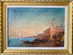 Antique 19th century French impressionist painting - Cityscape of Venice by sunset