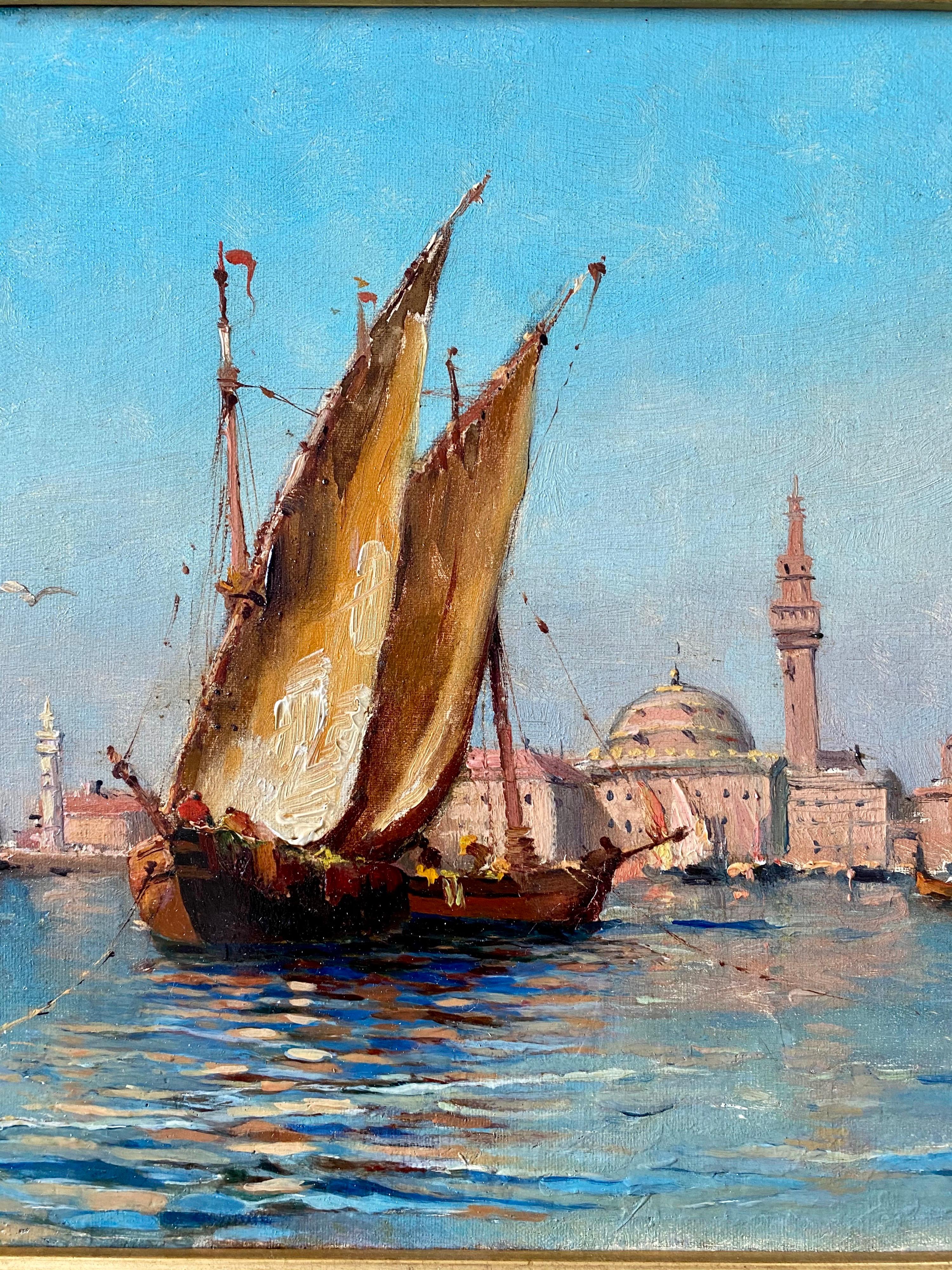19th century French impressionist painting - View of Venice - Cityscape Boat - Impressionist Painting by Felix Ziem