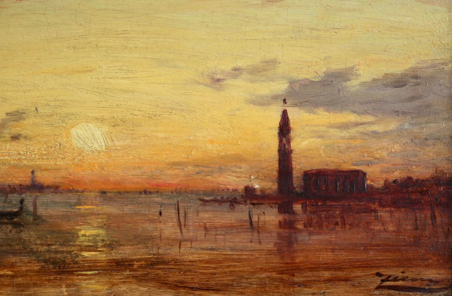 A lovely oil on panel circa 1885 by Felix Ziem depicting a gondola on the water in Venice as the sun sets behind. Signed lower right.

Dimensions:
Framed: 11.25