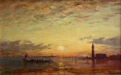 Coucher de Soleil - Venise - Huile impressionniste:: Canal at Sunset de Felix Ziem