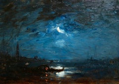 Antique Crepescule - Venice - Impressionist Oil, Canal at Night Landscape by Felix Ziem