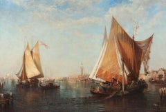 Fishing Vessels in Venice. Large antique oil on canvas signed Ziem