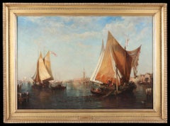 Fishing Vessels in Venice. Large antique oil on canvas signed Ziem