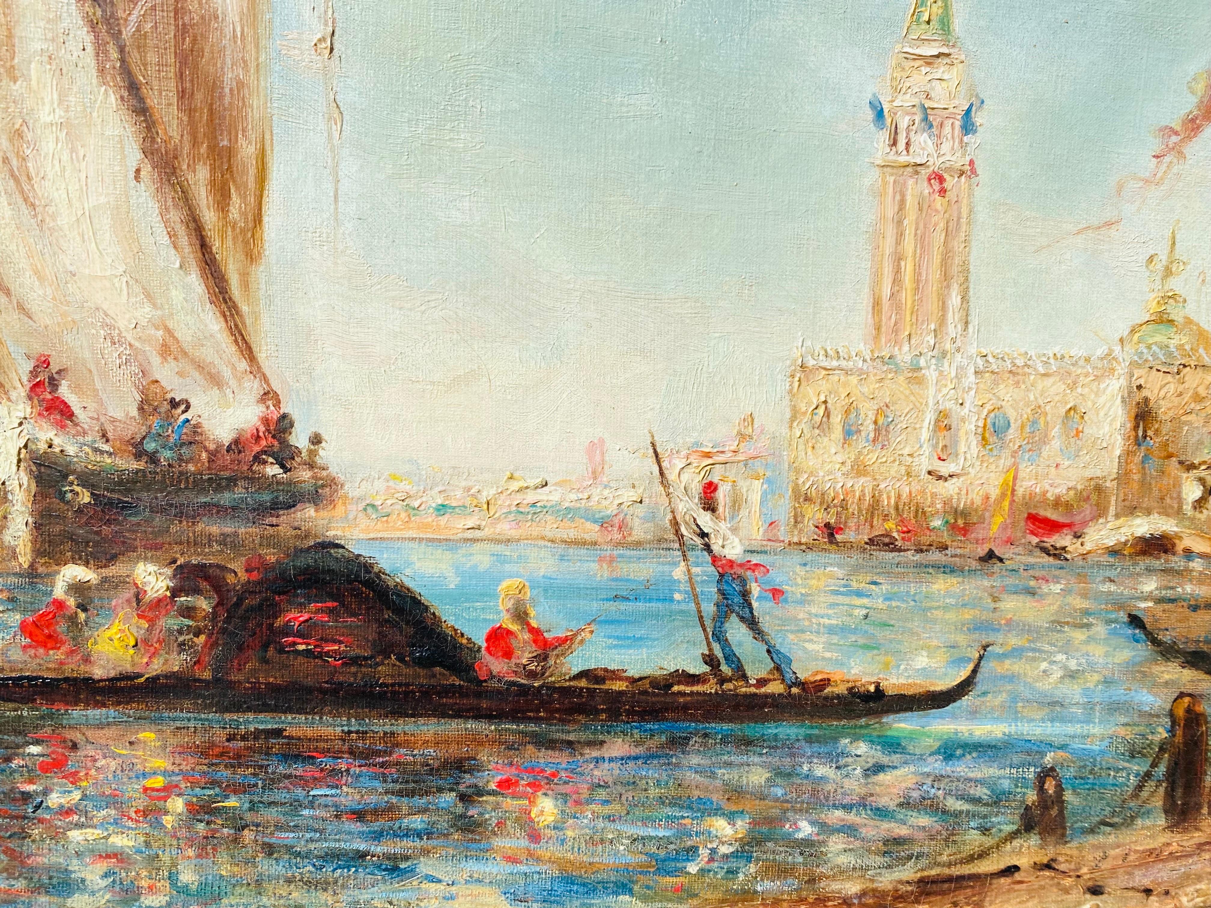 French impressionist painting - View of Venice - Cityscape Boat San Marco - Gray Figurative Painting by Felix Ziem