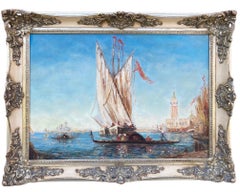 Antique French impressionist painting - View of Venice - Cityscape Boat San Marco