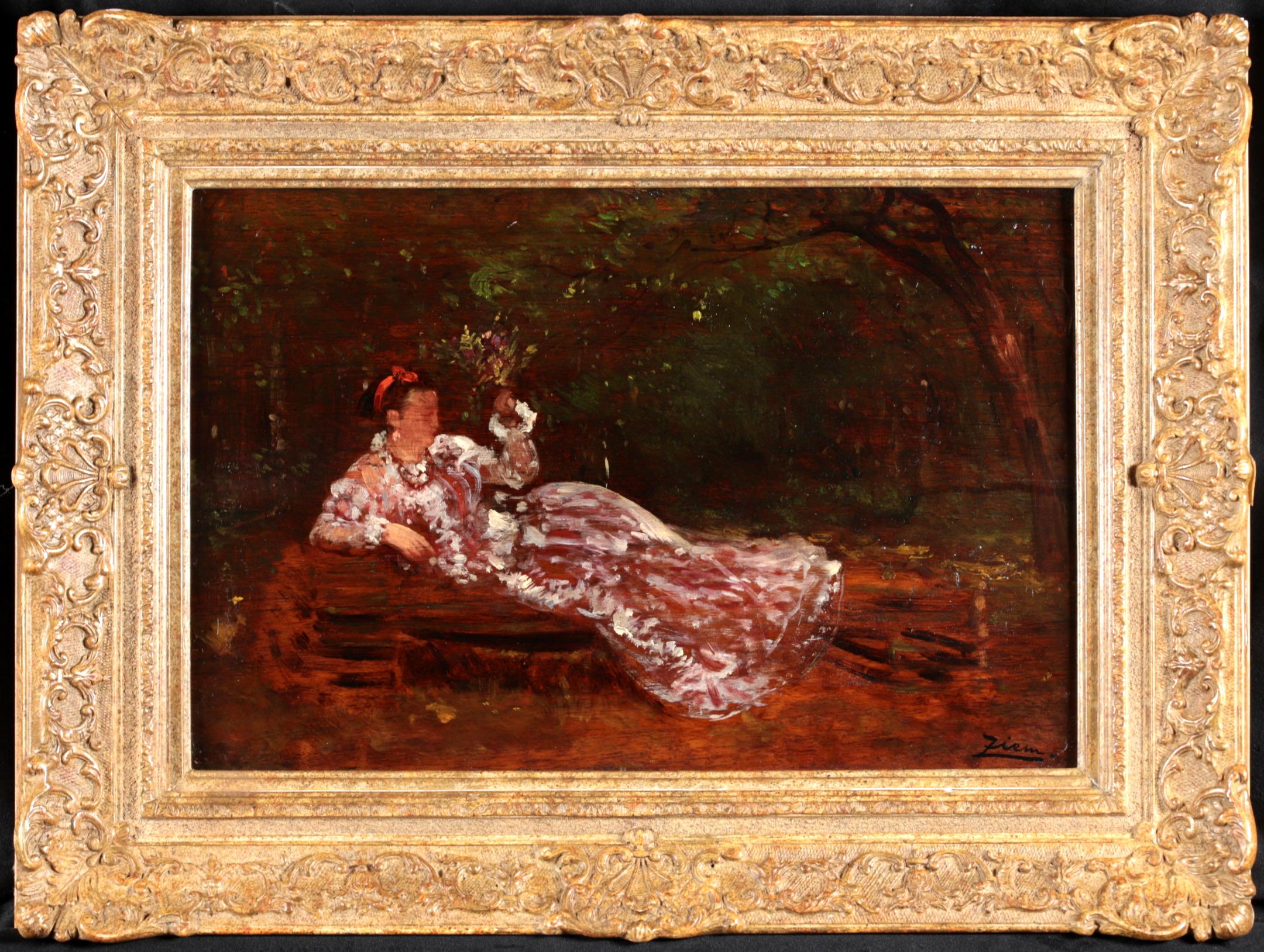 Signed figurative impressionist oil on canvas circa 1860 by French painter Felix Francois Georges Philbert Ziem. The piece depicts a young woman wearing a red and white dress with a red bow in her hair. She is resting on a felled tree in a forest