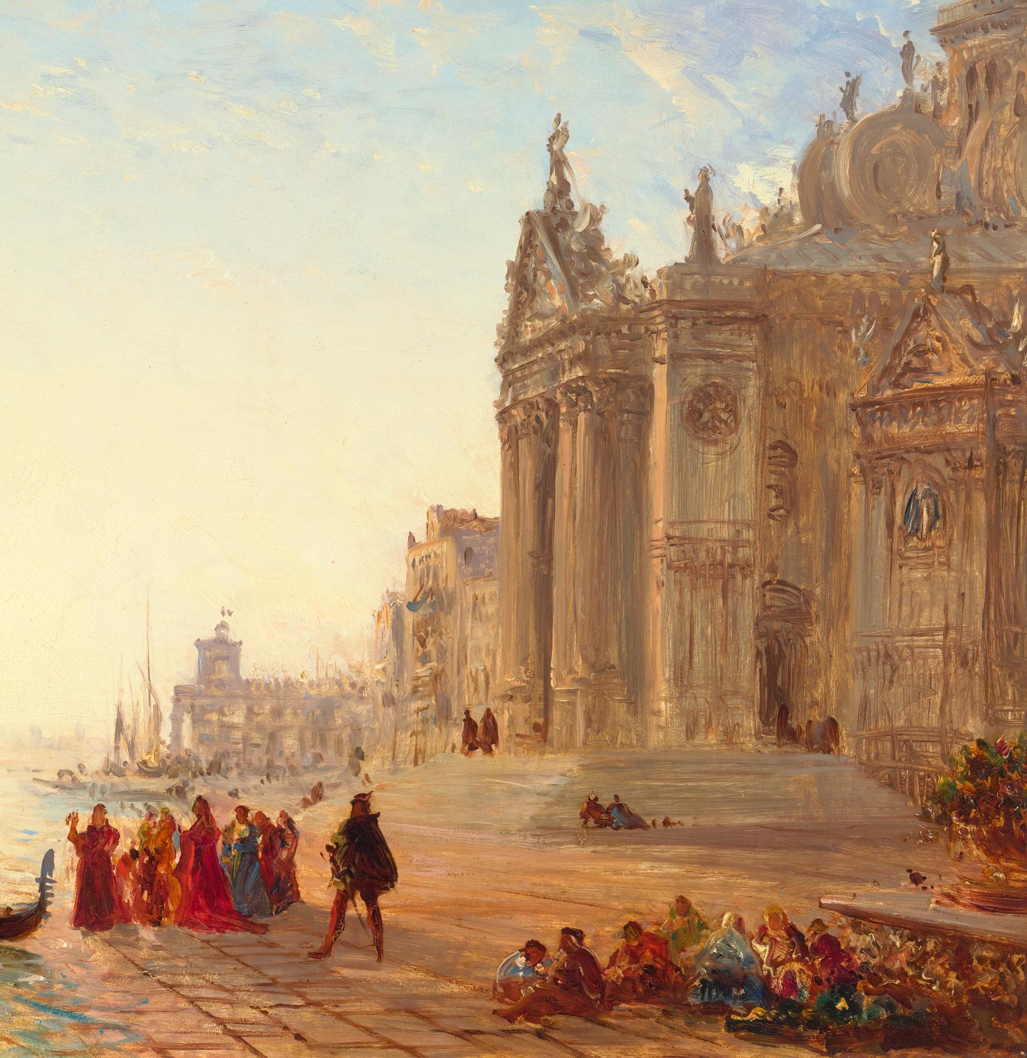 On the Steps of the Salute, Venice by Félix-François Georges Ziem - Beige Landscape Painting by Felix Ziem