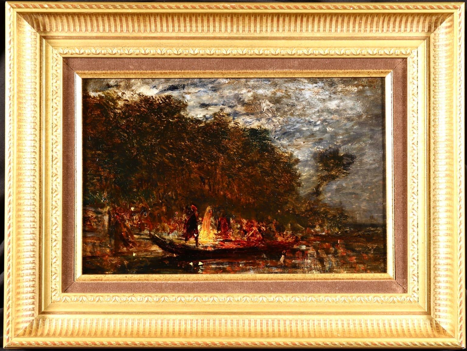 Party Night - Impressionist Oil, Figures on a Boat River Landscape by Felix Ziem 1