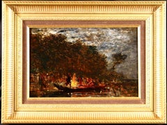 Party Night - Impressionist Oil, Figures on a Boat River Landscape by Felix Ziem